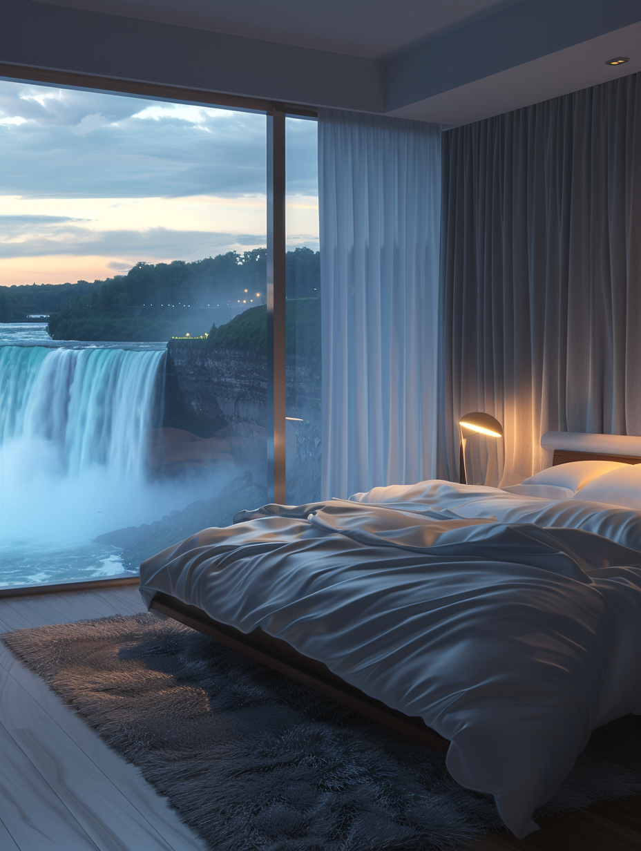 Craft a photorealistic image showcasing a Natural Lights - Luxury Hotel Room Design influenced by the serene beauty of a waterfall. The main visual is a king-sized bed with pristine white linens, centered against a floor-to-ceiling glass window that unveils a cascading waterfall outside, illuminated by the soft, diffuse light of dawn. The room harnesses global illumination, reflecting the waterfall’s azure hues across its sleek, modern furniture and polished wooden floors, creating a tranquil, harmonious atmosphere. The camera, a Canon EOS R5 with a 24-70mm f/2.8 lens, captures this scene from a slightly high angle, ensuring sharp focus that highlights textures like the plush carpet and the smooth stone wall accents. The image is finely balanced, with the natural light’s interplay with shadows adding depth, and a hint of film grain lending authenticity. This composition should feel as if snapped by Peter McKinnon, echoing the vibrancy and detail of his 2020s visual style.