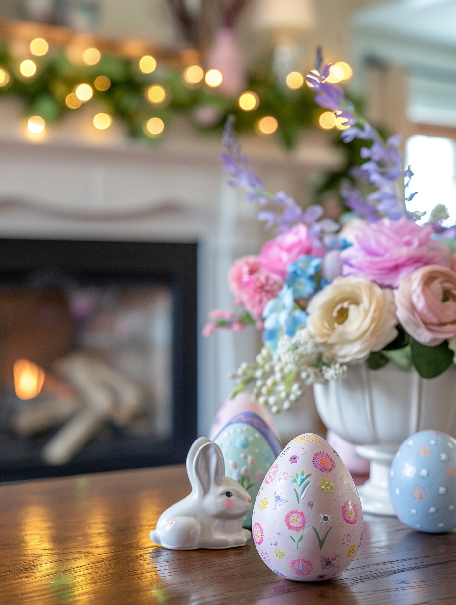 small bunnies, floral arrangements, and pastel candles creating a serene atmosphere. In the background, a fireplace mantle showcases a vibrant spring garland. Utilize a full-frame DSLR camera set on a tripod, employing a 50mm prime lens with an aperture of f/1.8 to achieve a shallow depth of field, placing the Easter egg display in sharp focus against a softly blurred background. Ensure the composition balances the warmth of the room with the freshness of the Easter theme, utilizing natural light to enhance textures like the wooden table's grain and the softness of the fabrics. Implement advanced lighting techniques to highlight the details of the decorations while maintaining a natural, inviting mood akin to the style of high-quality 2020s interior design photography.