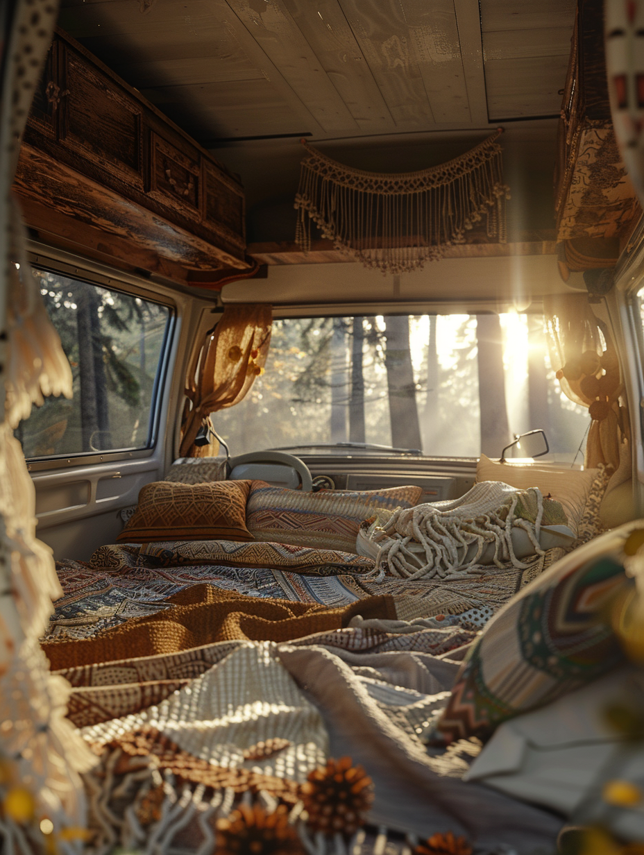 Create a photorealistic image showcasing the interior of a Boho-style camper van, illuminated by the soft, golden light of a setting sun permeating through its open rear doors. The camera, a Canon EOS R5, equipped with a 24-70mm f/2.8L lens, is set to capture this scene in high detail and sharp focus, emulating the warm, inviting ambiance found in Peter McKinnon's lifestyle photography. The composition balances the rich textures of macramé wall hangings, a plush, patterned throw over a built-in wooden bed frame, and a small, intricately designed Persian rug on the floor. Surrounding the van, elements like scattered pine cones and a gentle breeze stirring the curtains add a life-like context. Ambient and global illumination techniques should highlight the intricate play of light and shadow across the van's interior, enhancing the textures and creating a depth that feels tangible, drawing the viewer into a moment frozen in time. Aim for a style that reflects the high-quality visual content of the 2020s, complete with a subtle film grain to add texture and depth to the image.