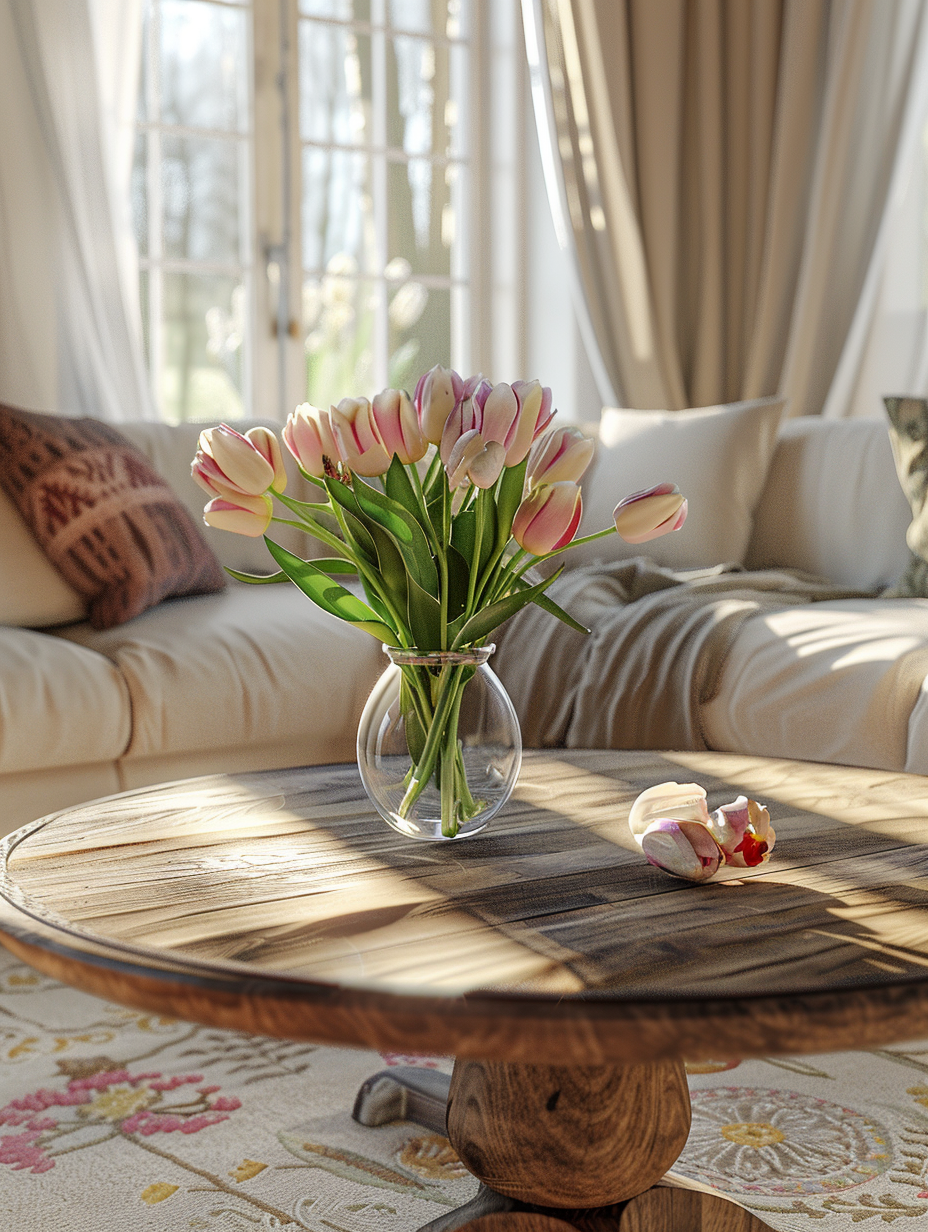 Capture a photorealistic image of a homestead living room rejuvenated with spring decorating ideas, embracing the essence of renewal. Start with a central focus on a rustic yet elegant wooden coffee table, adorned with a vase of fresh tulips, their vibrant colors popping against the soft, natural light filtering through sheer linen curtains. The scene should radiate warmth and tranquility, employing global illumination to highlight the delicate texture of the flower petals and the soft, inviting fabric of the throw pillows on a cozy, cream-colored sofa. Use a Canon EOS R5 camera with a RF 50mm F1.2L USM lens, set to f/2.8 for a shallow depth of field, ensuring the flowers are in sharp focus while subtly blurring the background to draw attention. Emulate the crisp, naturalistic style of a Peter McKinnon 2020s photograph by integrating high detail and soft film grain, balancing the composition with the gentle play of light and shadow, casting a peaceful and rejuvenating atmosphere symbolic of spring.