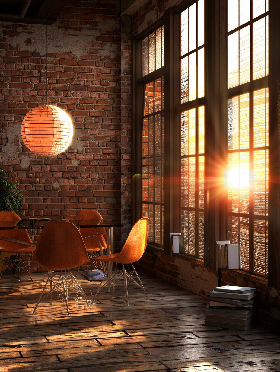 Capture a photorealistic image of a Metropolitan Chic - Urban Loft Interior, highlighted by the warm glow of sunset piercing through large, floor-to-ceiling windows. The image should utilize global illumination to accentuate the interplay of natural light with the interior's sleek, modern furnishings and exposed brick and metal structural elements. Compositionally balanced, this scene evokes a sense of high-end urban living with a meticulously detailed design, showcasing rich texture and material contrast. The camera setup models after a Canon EOS 5D Mark IV with a 24-70mm f/2.8L lens, set at 35mm to ensure sharp focus and a wide field of view that captures the essence of the loft. Emulate the visual styling and lighting finesse reminiscent of a Peter McKinnon urban landscape. Aim for a high-detail finish with slight film grain to add depth and realism, ensuring the image looks like it could belong in a leading interior design magazine of the 2020s.