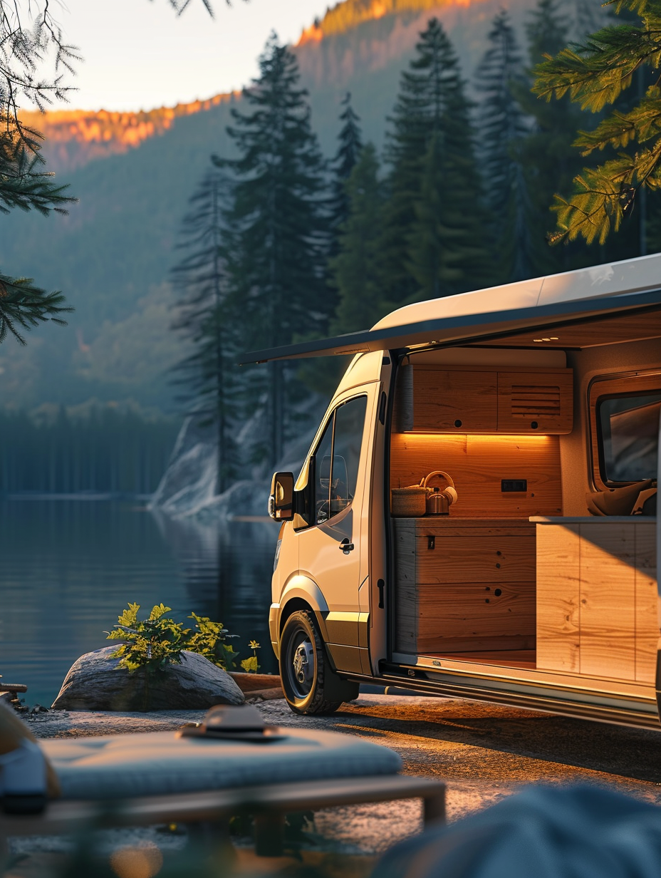 Create a photorealistic image of a modern camper van remodel, bathed in the golden hues of late afternoon sunlight. Captured through a Canon EOS R5 with a 50mm f/1.2 lens, the scene accentuates high detail and sharp focus on the innovative, space-saving interior design. Picture the van parked by a serene lakeside, its side door open to reveal a cozy, meticulously organized living space inside. The interior boasts sleek, multifunctional furniture with wood finishes, soft, ambient lighting, and hints of vibrant, earthy fabrics adding warmth. Illuminated by natural light filtered through sheer drapery, the scene should mirror the quality of an Annie Leibovitz portrait, combining realism with a dreamlike quality. Focus on balancing the composition by capturing the texture of materials inside and the scenic view outside, achieving a harmony that grounds the subject in its setting.