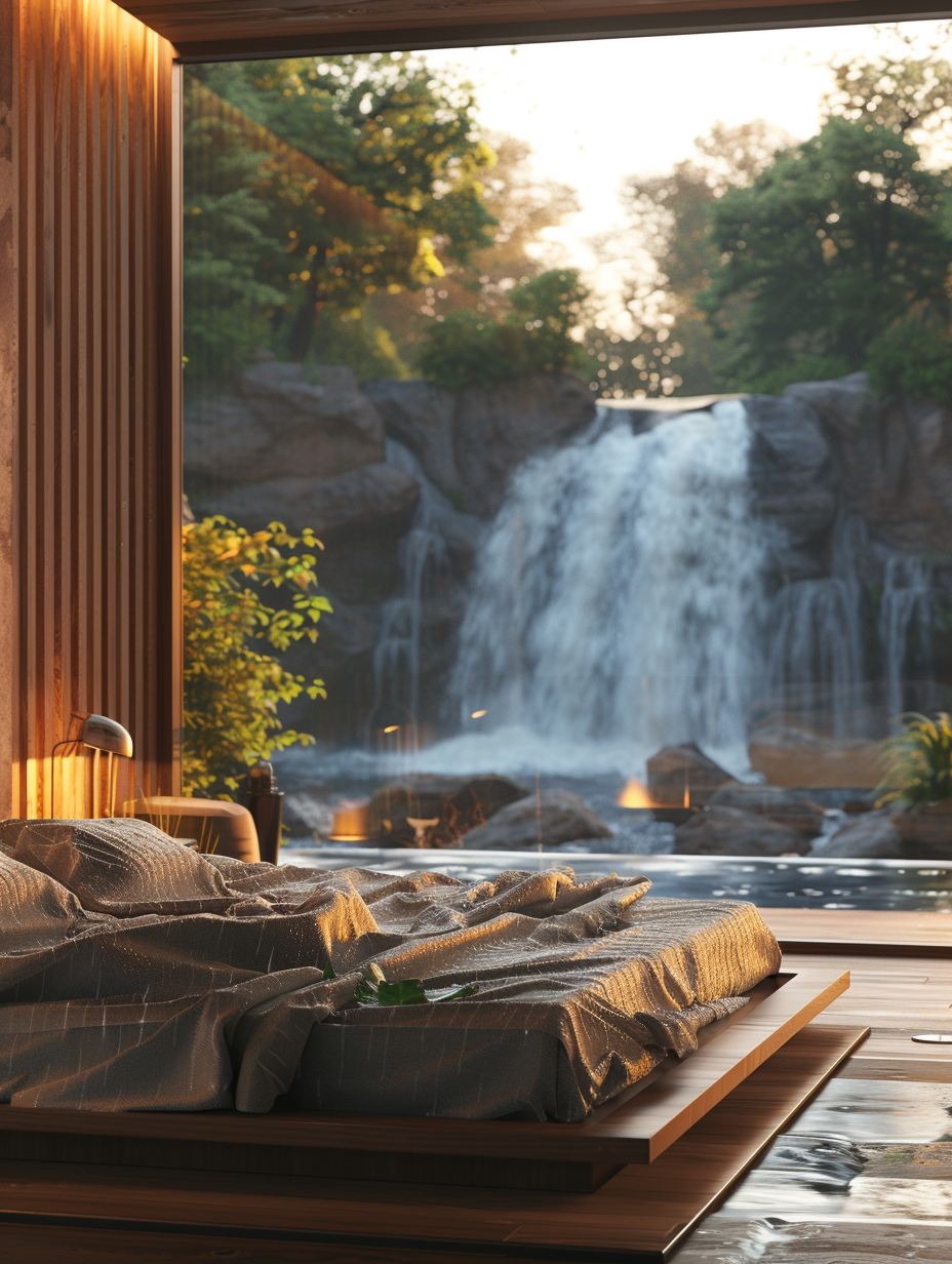 Capture a high-detail, photorealistic image of a Natural Lights - Luxury Hotel Room with a Waterfall Inspiration. The room bathes in the diffuse, soft glow of dawn, leveraging global illumination to highlight the textures of wood and stone materials authentically mirroring a cascading waterfall. Use a full-frame DSLR camera, equipped with a 50mm f/1.2 lens, ensuring sharp focus on the luxurious king-sized bed with its flowing, water-patterned linens that mimic the motion of water. Position the camera at eye level, centering the bed while capturing the expansive, floor-to-ceiling window that frames the natural waterfall outside, seamlessly integrating the room with its natural surroundings. Aim for a composition that balances the indoor luxury with the rugged beauty of the waterfall, utilizing a shallow depth of field to subtly blur the background, focusing attention on the fine details of the room. The image should evoke the serene, harmonious blend of indoor luxury and outdoor majesty, reminiscent of the work of renowned 2020s architectural photographers, with a touch of film grain to add texture and depth, creating a snapshot that feels utterly real.