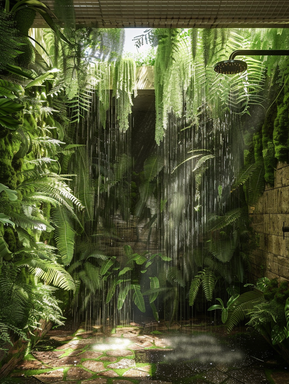 Craft a photorealistic image of an opulent shower room, inspired by a lush jungle. The central piece is a large, glass-enclosed rain shower, adorned with verdant, hanging ferns and trailing vines that cascade from the ceiling, mimicking a natural waterfall. Sunlight streams in through a skylight, casting a soft, dappled light that dances across the wet, moss-covered stone tiles, evoking the serene, diffused glow of a forest canopy. The scene is captured with a full-frame DSLR camera, using a 50mm prime lens to ensure sharp focus and high detail, emulating the sophisticated, crisp aesthetics of a Peter McKinnon photograph. The composition balances the rich, green tones of the plants with the earthy textures of the stone, highlighting the interplay of light and shadow to create depth and realism. Achieve this look by utilizing global illumination techniques, capturing the subtlety of the scene's natural lighting and the delicate veins on the leaves, enhancing the image's lifelike quality and texture.