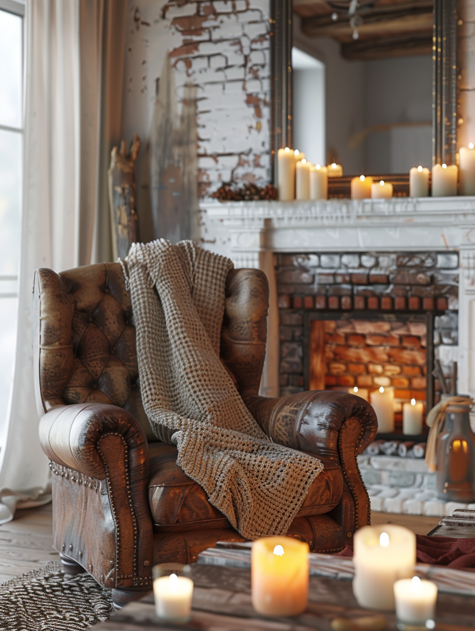 Generate a photorealistic image of a rustic farmhouse living room, encapsulating the essence of homely touches. The main subject focuses on a cozy nook featuring a vintage leather armchair, adorned with a hand-knitted throw. Surrounding the chair, a reclaimed wood coffee table hosts a cluster of lit beeswax candles, casting a warm glow that highlights the detailed grain texture. The backdrop reveals a whitewashed brick fireplace, where the flames flicker, reflected in a large, ornate mirror above, enhancing the room's soft, natural lighting. Emulate the high-quality, sharp focus of a modern 2020s style, akin to the work of renowned photographers like Annie Leibovitz, utilizing a Nikon D850 camera with a 50mm f/1.4 lens for depth and clarity. Consider the subtle interplay of light and shadow to add depth, incorporating elements of global illumination that mimic the afternoon sun filtering through sheer linen curtains. Ensure the composition balances the rustic charm with nuanced details like the texture of the leather, the softness of the throw, and the gentle flicker of candlelight, invoking a sense of warmth and comfort.