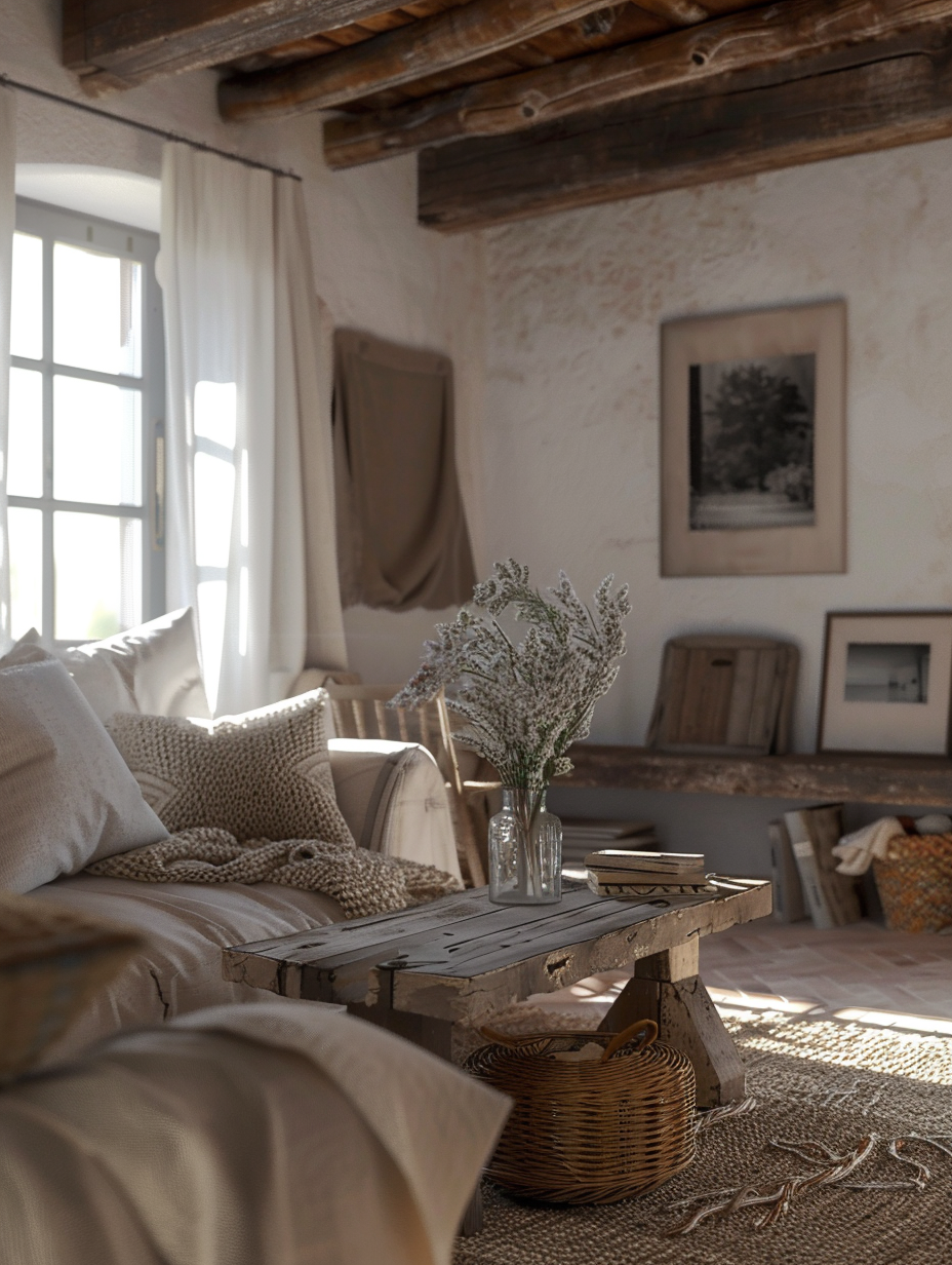 Capture a photorealistic image of a rustic farmhouse living room, bringing to mind a serene Sunday morning. The room basks in the gentle embrace of natural light filtering through sheer linen curtains, casting soft shadows and highlighting textures such as the rough-hewn wooden beams and the woven rattan rug underfoot. A plush, overstuffed sofa, adorned with hand-knit throws and a mix of linen and burlap pillows, invites a cozy sit-down, while a sturdy, distressed coffee table centers the space, bearing a vase of wildflowers and assorted vintage books. On the walls, family heirlooms and black-and-white photographs in simple wooden frames tell a story of generations. The scene should be shot through a high-quality DSLR camera, using a 50mm lens at f/1.8 to achieve a softly blurred background while keeping the main elements in sharp focus, emulating the depth and detail akin to the works of Annie Leibovitz. Advanced lighting techniques, such as global illumination, are crucial to capture the intricate play of light and shadow, ensuring the textures of the materials—wood, fabric, and metal—stand out with lifelike clarity. The balance of the composition, with its careful arrangement of furniture and décor, complements the overall ambiance of warmth and homeliness, inviting the viewer into a moment captured from real life, resonant with the tactile and visual sensations of rustic farmhouse living.