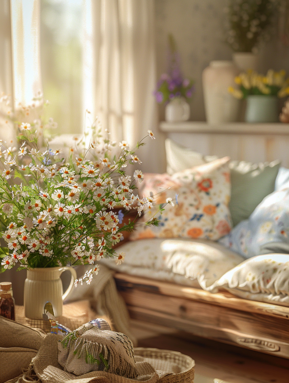 Create a photorealistic image of a cozy, sun-dappled living room in midspring, embodying homestead renewal with fresh spring decorating ideas. Capture the scene using a Canon EOS R5 camera equipped with a RF 50mm F1.2L USM lens, set to achieve a gentle bokeh effect that highlights the crisp, vibrant details of wildflower arrangements in vintage vases and pastel throw pillows adorning a rustic wooden couch. The room is bathed in soft, natural light filtering through sheer linen curtains, generating a warm, inviting glow and casting delicate shadows that accentuate the texture of the reclaimed wood flooring and handwoven rugs. Ensure the image mimics the high-quality, vivid realism seen in the works of renowned photographers like Annie Leibovitz, with attention to sharp focus, rich details, and the subtle interplay of light and shadow. Composition-wise, maintain a balance between the homeliness of the decorations and the spaciousness of the room, aiming for an atmosphere of renewal and comfort that’s grounded yet ethereal.