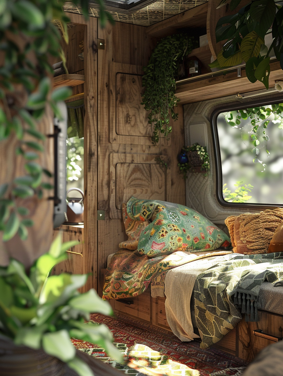 Generate a photorealistic image that captures the essence of a Boho Camper Van Interior, designed with an intricate balance of comfort and style. The scene is illuminated by soft, natural light streaming through the van's open windows, creating a warm, inviting atmosphere. The camera, a full-frame DSLR equipped with a 24-70mm f/2.8 lens, is positioned at eye level, focusing on the lush, patterned textiles and vibrant plants that adorn the space. The composition is carefully balanced, with the rustic wooden cabinets and cozy, tucked-away bed adding to the sense of adventure and freedom. Advanced lighting techniques, such as global illumination, highlight the textures of the materials, from the roughness of the wood to the softness of the fabrics, creating a scene that's rich in detail and depth. The image style emulates the high quality and sharp focus of 2020s visual content, reminiscent of the work of renowned photographers who specialize in interior design photography. The mood is serene and inviting, capturing a moment of tranquil beauty in a life on the road.