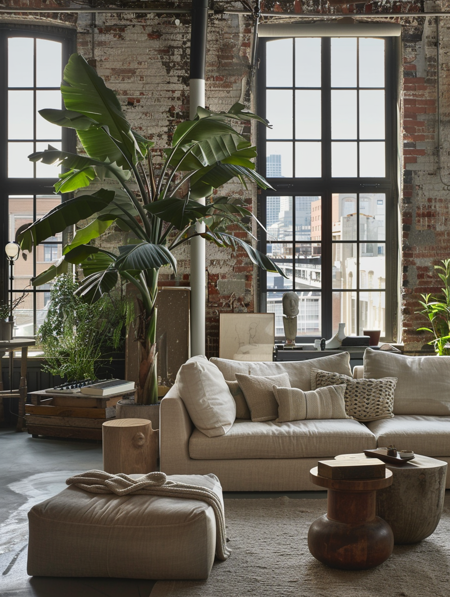 Capture a Metropolitan Chic - Urban Loft interior, bathed in the golden hour's natural light, filtering through large, industrial windows. The scene, set in a spacious room with high ceilings, showcases a blend of exposed brick walls and modern, minimalist furniture. The composition emphasizes the interplay of textures—soft, plush fabrics against the rough, aged brick, contrasted with sleek, polished concrete floors. Lighting should employ global illumination techniques to replicate the subtle diffusion of sunlight, enhancing the vividness of plants and accent pieces. Position the camera to achieve a depth of field that brings sharp focus to foreground elements while softly blurring the distant cityscape visible through the windows. Emulate the visual style of contemporary interior photography, akin to the works of photographers like Simon Watson, with attention to detail, high resolution, and a slight film grain to add a touch of realism.