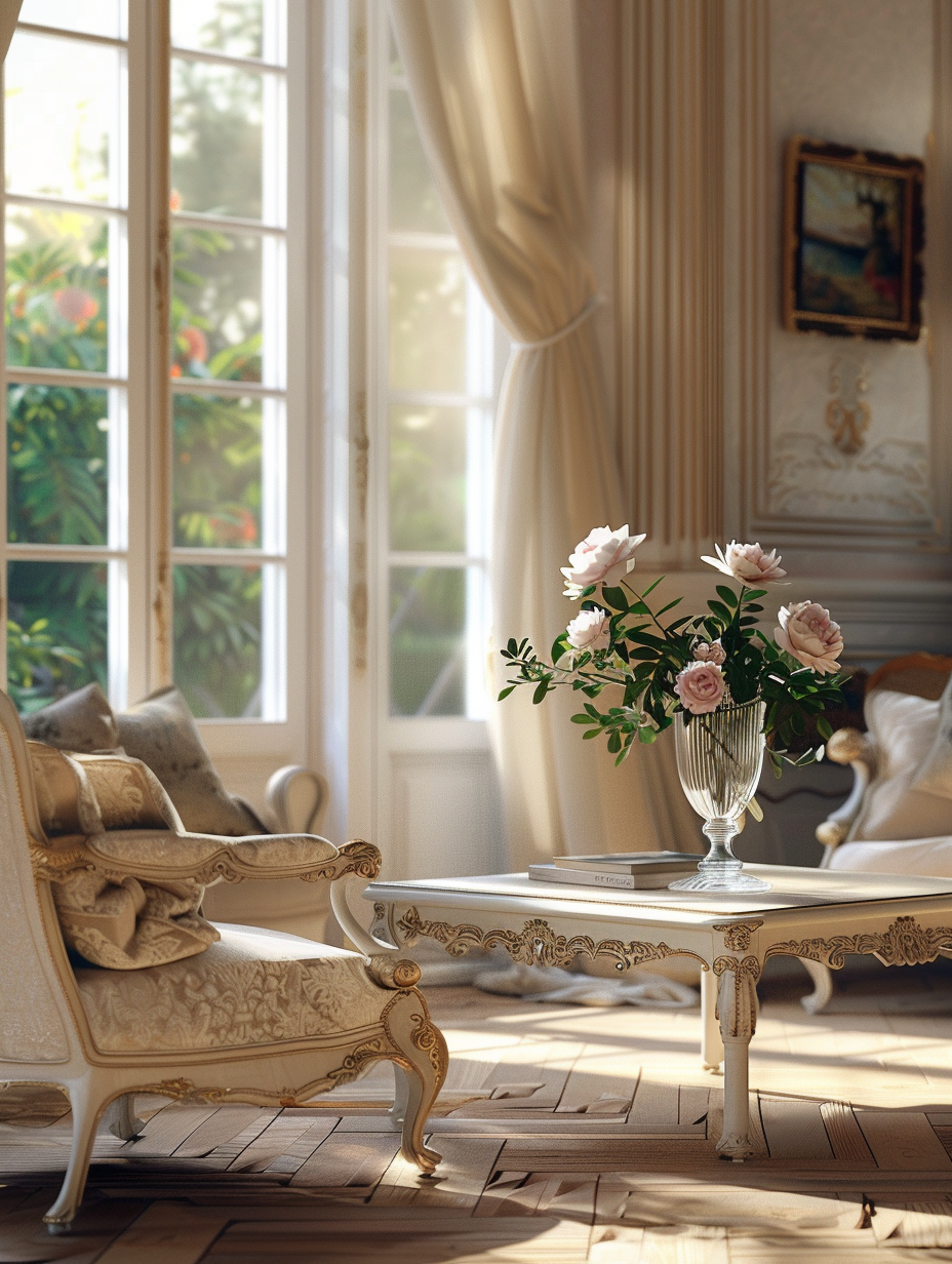 Generate a photorealistic image of a luxe French villa's living room, embodying the lavish style with high-detail and sharp focus that mirror a real-life snapshot. The scene captures the morning light filtering through sheer curtains, casting soft, dappled shadows over an opulent cream-colored sofa set. Centered is a vintage, ornate coffee table bearing a vase of fresh peonies. The overall composition balances the rich textures of velvet and silk against the rustic charm of the herringbone wooden floor, enhanced by global illumination that highlights intricate moldings and gilded picture frames adorning the walls. This setting should emulate the detailed, textured visual style of 2020s high-quality content, reminiscent of Peter Lindbergh’s depth in storytelling through photography. Utilize a camera setting that mimics a Canon EOS-1D X Mark III with a 50mm lens, ensuring a depth of field that draws attention to the foreground while softly blurring the background, incorporating a slight film grain texture for authenticity. The mood is serene and inviting, encapsulating the essence and sophistication of French interior design with flawless accuracy and an eye for the fine interplay of light and shadow.