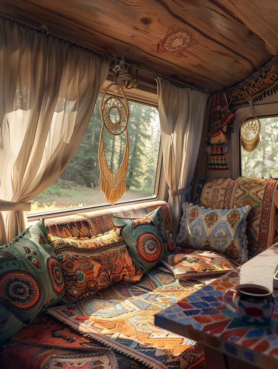 Prompt: Generate a photorealistic image of a bohemian-style camper van interior, emulating the warmth and intricate detail characteristic of a Natural Geographic feature shot. The scene is drenched in the soft, diffuse light of early morning, filtered through sheer, dreamcatcher-adorned curtains. The camera, a Nikon D850 equipped with a 24-70mm f/2.8 lens, captures the rich textures of the space at a focal length of 35mm, ensuring sharp focus and high detail throughout. From the plush, patterned throw pillows and vintage, hand-woven tapestries adorning the walls to the polished wood surfaces reflecting the glow of the morning, every element contributes to a harmonious composition. The image purposefully balances the raw beauty of nature with human creativity, using the van's open back doors to frame a sweeping view of a tranquil, forested landscape, seamlessly integrating indoor comfort with the great outdoors. Advanced lighting techniques mimic real-world conditions, highlighting the intricate workmanship of the boho decor and the inviting, lived-in atmosphere, complete with a steaming mug of tea on a mosaic-tiled table, suggesting a moment paused in time.