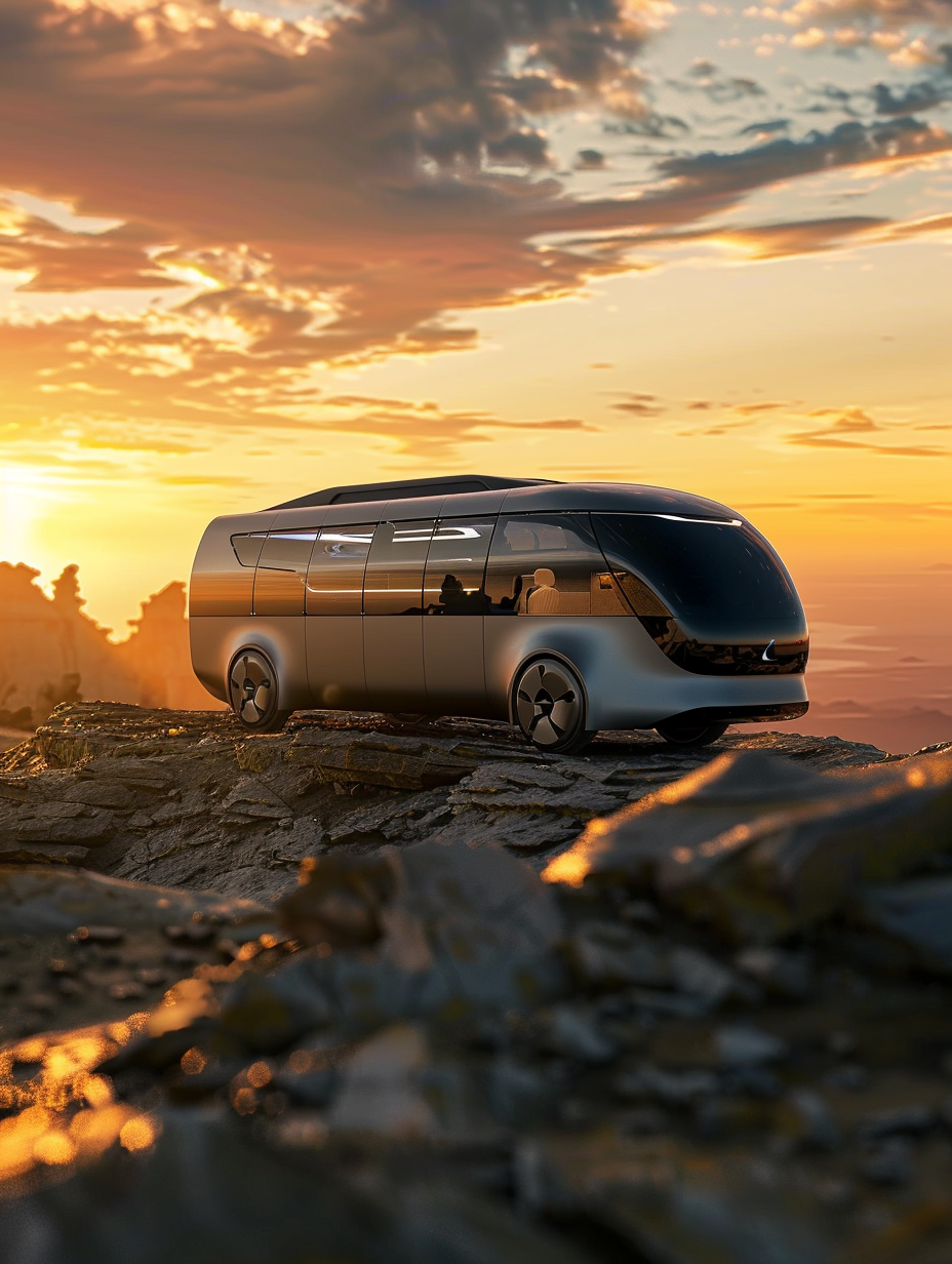 Capture a sleek, futuristic camper van parked on a remote, high-altitude overlook at sunset. The van's design merges smooth, aerodynamic shapes with cutting-edge materials, reflecting a soft, golden-hour glow. Equipped with solar panels and smart glass windows, it stands as a beacon of modern nomadic lifestyle. Emphasize the high detail and sharp focus on the vehicle, utilizing a Canon EOS R5 camera with an RF 24-70mm F2.8 L IS USM lens at a 50mm focal length, f/8 for depth of field, ensuring the camper and the textured, rocky ground are in crisp detail. The background softly blurs, highlighting the van's sharp lines. The composition balances the van on the right third, leaving the left to the descending sun, casting long shadows and bathing the scene in a warm, natural light, showcasing an advanced blend of global illumination. The mood is serene, capturing the essence of freedom and innovation, akin to a scene from a high-quality 2020s travel documentary.