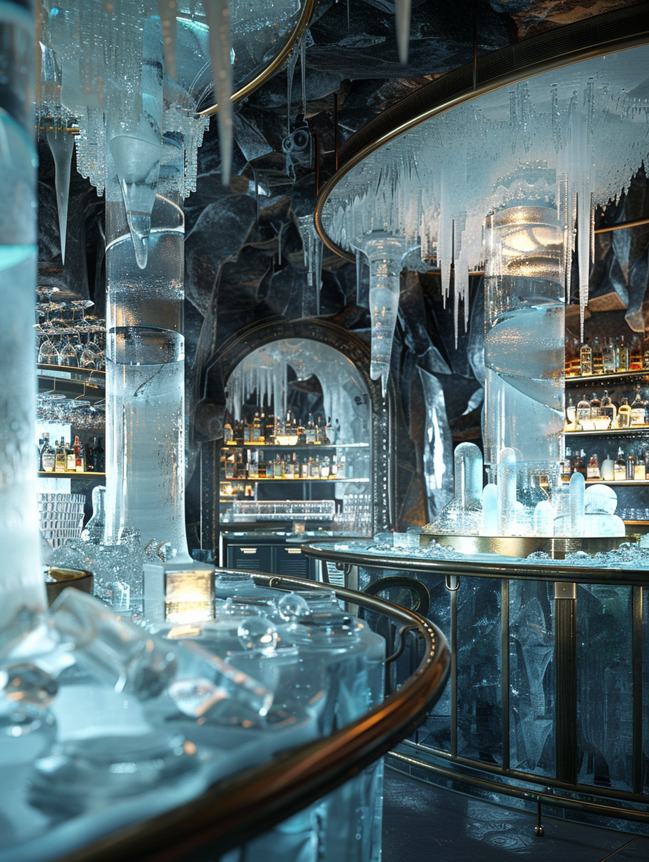 Capture the interior of a high-end bar intricately designed with an inspiration drawn from the North Pole, showcasing elaborate ice sculptures that glisten under a skillfully implemented global illumination system. The scene bathes in the ethereal glow of natural light filtering through ice walls, creating a mesmerizing play of light and shadow that highlights the textures of the frosty surfaces and the luxurious detailing on the bespoke furniture. Employ a Canon EOS R5 with an RF 24-70mm F2.8 L IS USM lens, set to a focal length of 50mm to achieve high detail and sharp focus, mimicking the style of late 2020s high-quality visual content reminiscent of the work of renowned photographer Simon Stålenhag. Compositionally, balance the image with the bar counter leading the eye towards a focal ice sculpture, ensuring the scene feels grounded yet otherworldly, with a shallow depth of field to enhance texture and a slight film grain to invoke depth and realism.