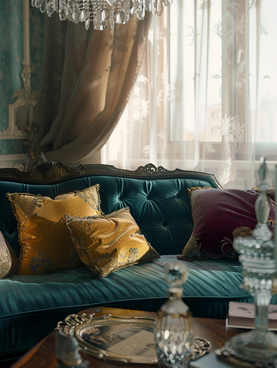 Compose a photorealistic image of a Retro Chic Vintage Glam Living Room, capturing the essence of refined nostalgia with sharp focus and high detail, emulating the style of a Peter Lindbergh 2020s portrait. The composition centers on a velvet teal sofa, adorned with gold and ruby velvet pillows, under the soft, diffuse glow of a crystal chandelier, showcasing global illumination and the natural light cascading through sheer curtains. The scene is balanced with a mahogany coffee table, holding a vintage Vogue and a silver tray with a crystal decanter set. Textures like the plush carpet and the subtle sheen on the velvet manifest under the ambient light, blending luxury with comfort. Utilize a Canon EOS R5 camera, with a 50mm F1.2 lens, ensuring the ambient tones and detailed textures are in crisp focus, while introducing slight film grain to enrich the image’s authenticity and depth, akin to a frame from an iconic film scene.