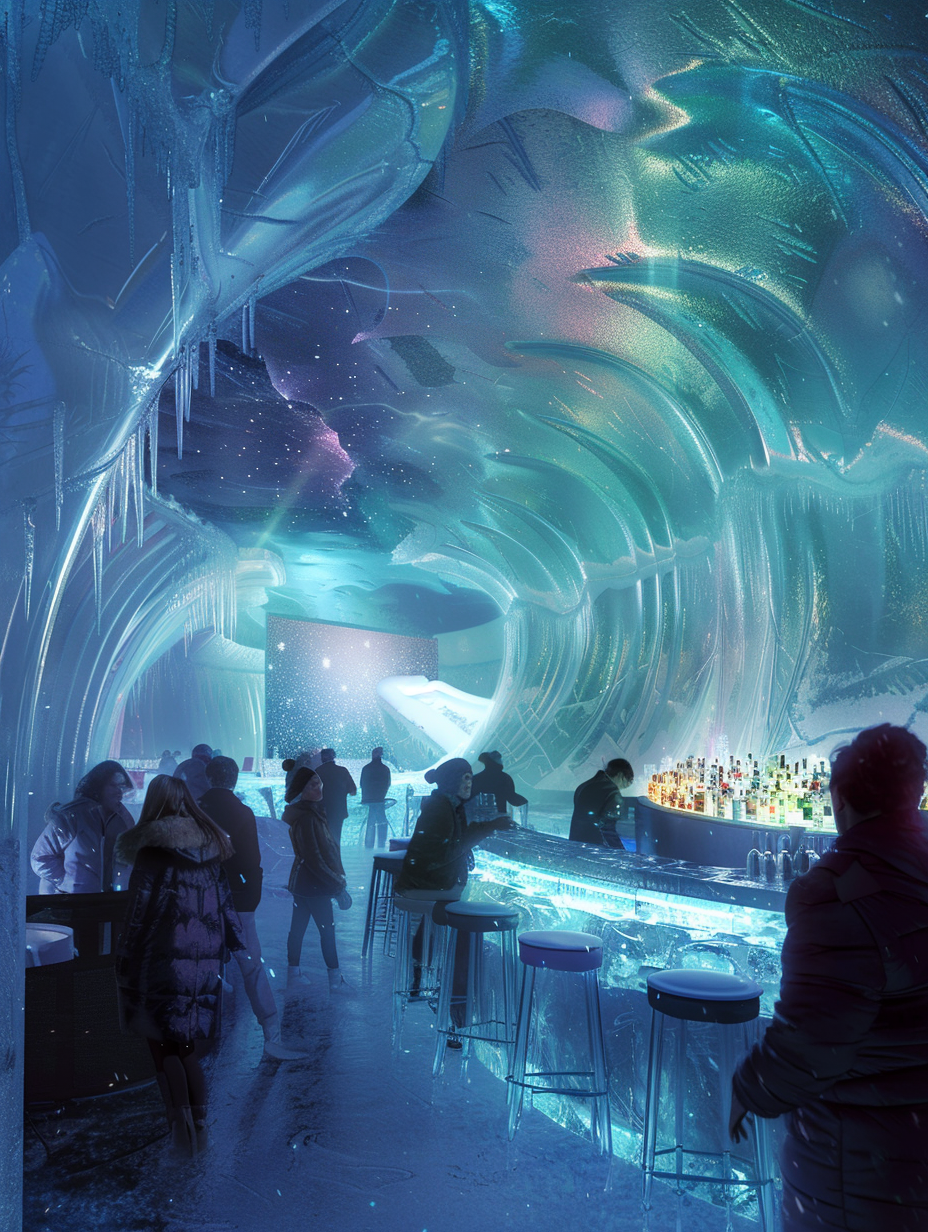 Craft a photorealistic image of an ice bar with an interior design inspired by the North Pole, capturing its essence in the style of a 2020s high-quality visual. The scene is bathed in the ethereal glow of the Aurora Borealis, filtered through a ceiling of translucent ice. Sleek, icy furniture mimics glacial forms, with a bar counter carved to resemble flowing ice, lit from within to highlight its intricate textures. Use a Canon EOS R5 camera with an RF 24-70mm F2.8 L IS USM lens, set to capture the whole scene in sharp focus, ensuring high detail and the right balance of light and shadow. The camera settings are adjusted to emphasize the cold, crisp atmosphere while maintaining the warm, inviting tones of the aurora overhead. Compositionally, the image is balanced with the bar counter as the focal point, and patrons dressed in cozy, yet stylish winter attire add life and warmth. The image should emulate the style of a high-quality architectural photo shoot, with a touch of film grain to enhance texture.