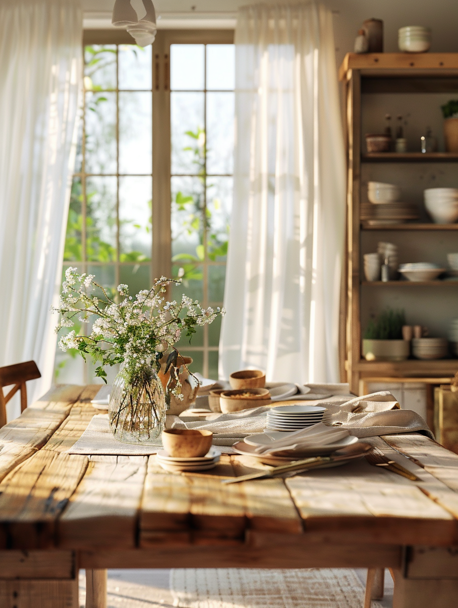 Capture an enchanting scene of Homestead Renewal with a focus on Spring Decorating Ideas for the Home, rendered in photorealistic detail that could easily be mistaken for a snapshot from the 2020s. Center the composition on a rustic yet elegantly renewed farmhouse kitchen, basked in the soft, warm glow of the morning light filtering through sheer, linen curtains. The kitchen should embody spring's vivacity, with a large, reclaimed wood table adorned with a delicate, pastel-colored floral centerpiece, surrounded by mismatched vintage chairs. Hints of fresh greenery in terracotta pots add life to open wooden shelves displaying a collection of antique crockery. Ensure the scene reflects advanced lighting techniques, showcasing global illumination and capturing the subtlety of natural light as it plays across surfaces, enhancing textures such as the weathered wood grain and the soft weave of a hand-loomed rug on the stone floor. Commit to a depth of field that brings the table setting into sharp focus, while gently blurring the background elements for a cozy, inviting atmosphere. Employ a Canon EOS 5D Mark IV camera with a 50mm f/1.2L USM lens to achieve high detail, sharp focus, and natural bokeh, mimicking the style of a high-quality, modern editorial shoot. The overall composition should be balanced, with careful attention to the play of light and shadow, and the mood should be uplifting, capturing the essence of spring renewal in the home.