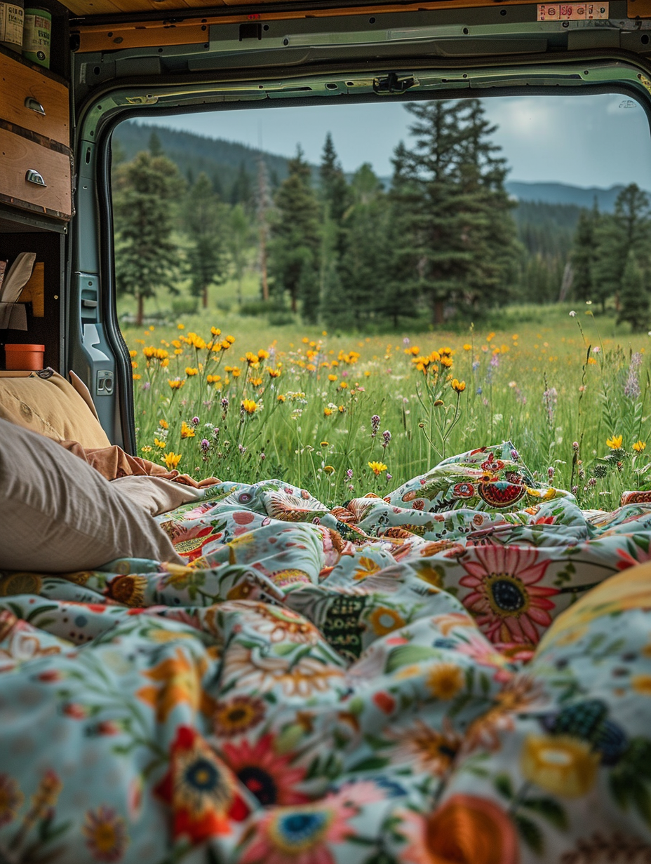 a full-frame DSLR with a 24-70mm f/2.8 lens, ensuring sharp focus on the van and its design features, while softly blurring the vibrant, wildflower-dotted meadow in the background. Emulate the clarity and warmth of Peter McKinnon’s landscape photos, striving for a balanced composition that draws the eye from the detailed interior to the serene, inviting landscape beyond.