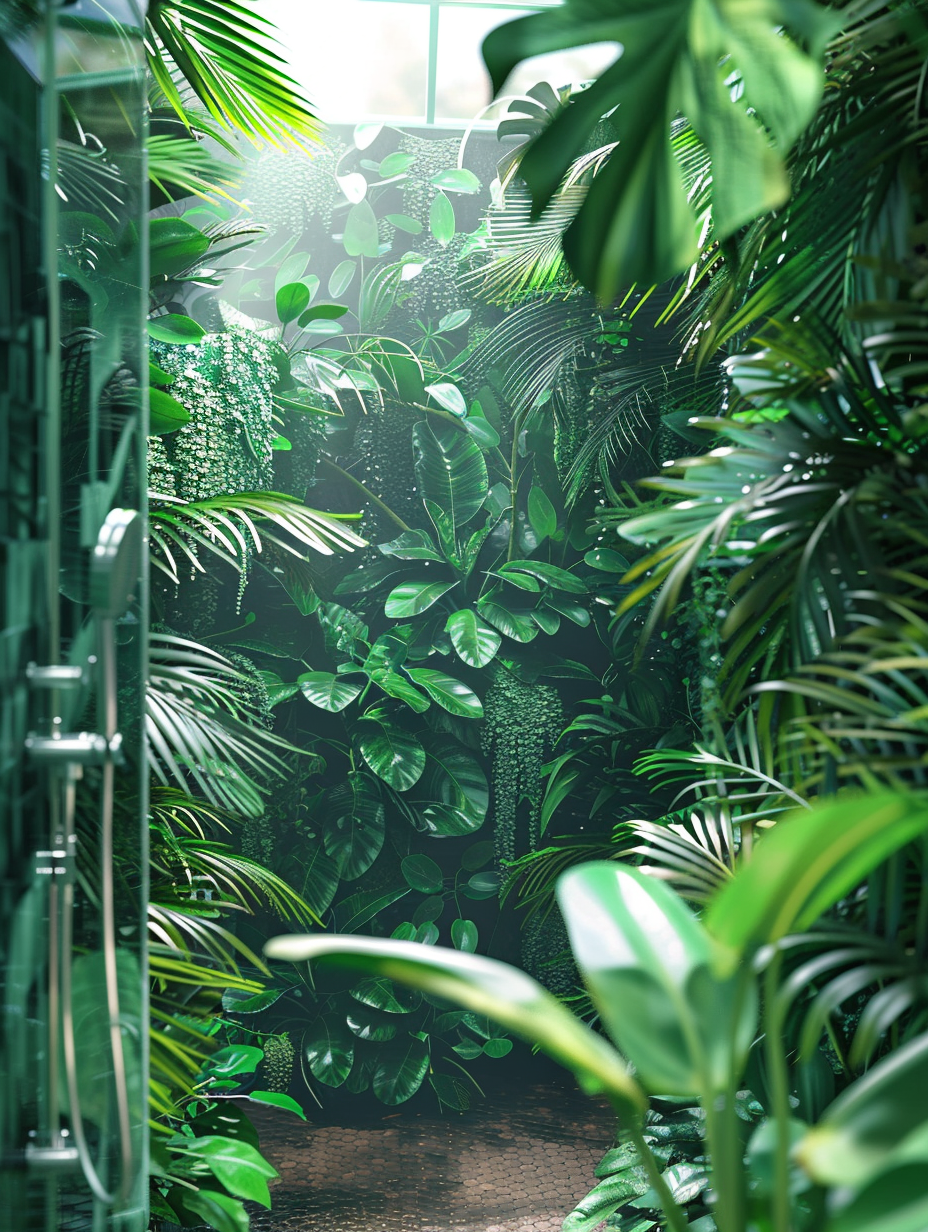 Craft a photorealistic image of a meticulously designed Plants - Shower Room, inspired by the lush ambiance of a jungle. The main subject is a spacious, sleek shower room, enveloped in a variety of vibrant, green plants, from cascading ferns to tall, leafy exotic species, creating a tranquil, jungle-like oasis. Incorporate state-of-the-art global illumination to mimic the soft, diffuse light filtering through a frosted glass window, casting dynamic shadows and highlighting the intricate textures of the plants and the wet, gleaming surfaces. Utilize a full-frame DSLR camera setting, with a 50mm f/1.8 lens, ensuring a sharp focus that brings out the high detail in the plants’ foliage and the reflective, water-specked surfaces, against a soft bokeh background. The composition should be balanced, with the shower's sleek fixtures and the organic forms of the plants harmoniously intertwined, emulating the high-quality visual content of the 2020s. Aim for a natural color palette that emphasizes the greens of the plants and the earthy tones of the room, with a touch of film grain to add texture and depth, capturing the serene, humid atmosphere of a jungle-inspired retreat.