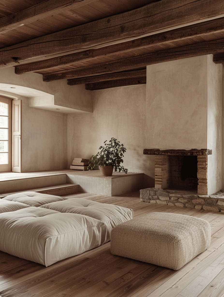 exposed wooden beams contrast with sophisticated, minimalistic furniture in a neutral palette. Soft, global illumination accentuates textures, from the distressed hardwood floors to the plush, cream-colored sectional sofa. A large, stone fireplace anchors the room, while delicate, green plants add a splash of color. Emulate the style of a Peter Zumthor architectural photograph, with its meticulous attention to natural light and shadow play, ensuring a high-detail and sharp focus image using a full-frame DSLR camera equipped with a 24mm f/1.4 lens, capturing the ambience of early afternoon light. The composition balances the warmth of rustic elements with the clean lines of modern design, aiming for the high-quality visual content of the 2020s, complete with subtle film grain to add texture and depth.