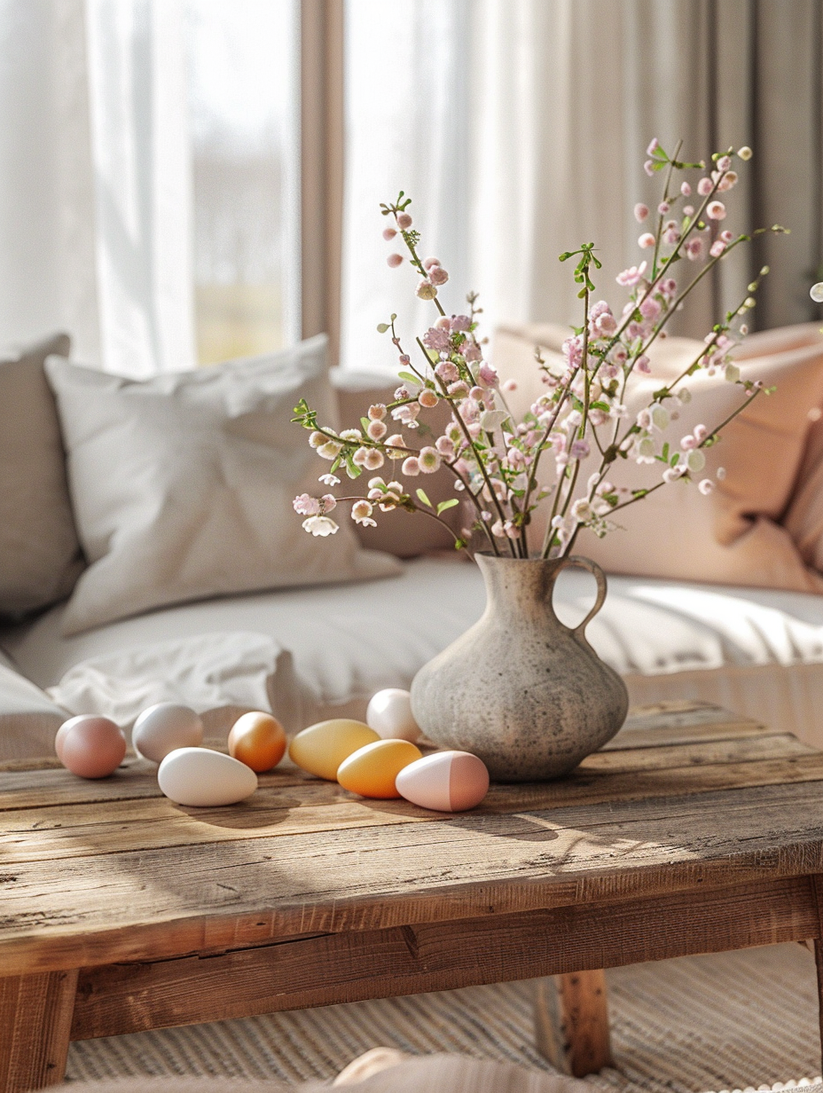 Generate a photorealistic image capturing the essence of Easter within a modern living room setting, echoing the inviting charm of a sun-lit March morning. The main focus is a rustic wooden coffee table, artistically adorned with an elegant Easter centerpiece featuring a sophisticated arrangement of pastel-colored eggs, delicate spring flowers, and subtle hints of gold accents, radiating an air of refined festivity. Surrounding this central tableau, plush, pastel throw pillows complement a light, creamy sofa, enhancing the room's warm and cozy ambiance. High detail, sharp focus, and a judicious application of film grain should be used to emphasize the textures of the materials, from the softness of the sofa fabric to the rustic wood grain of the table and the smooth, fragile surface of the painted eggs. The image should be bathed in soft, natural light streaming through sheer curtains, with highlights and shadows playing across the surfaces to showcase the intricate details of the Easter decorations and the inviting, lived-in quality of the room. Employ the characteristics of a high-quality DSLR camera setup, such as a Canon EOS-1D X Mark III with a 24mm f/1.4 lens, to capture the scene in a wide shot that maintains sharpness across the entire image, using a shallow depth of field to subtly blur the background and draw attention to the centerpiece and its immediate surroundings. The composition should be balanced and symmetrical, reflecting the calm and peaceful mood of a serene Easter morning, and the image should be styled in the vein of 2020s high-end interior design magazines, showcasing an impeccable attention to detail and a sophisticated color palette.