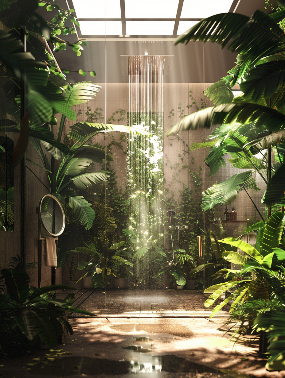 Create a photorealistic image of a sophisticated shower room inspired by a lush jungle. The main subject is the harmony between modern luxury and the rawness of nature. Place a sleek, glass-enclosed shower at the center, surrounded by verdant, glossy-leafed tropical plants reaching up from rich, dark soil. Sunlight filters through a large skylight, casting dynamic, natural light that highlights the subtle sheen on the leaves and the gentle steam rising from the shower, evoking a warm, humid jungle atmosphere. Incorporate advanced lighting techniques to capture the interplay of light and shadow, adding depth and realism. The composition is shot with a Canon EOS 5D Mark IV, using a 50mm f/1.2L lens, set to emulate the vivid, yet soft aesthetic reminiscent of Annie Leibovitz’s portrait work, ensuring high detail and a balanced composition. The image should possess a sharp focus, particularly on the juxtaposition of natural elements against the sleek modernity of the shower hardware, with a hint of film grain to add texture and a touch of nostalgia. The overall mood is serene and enveloping, inviting the viewer to step into this private oasis.