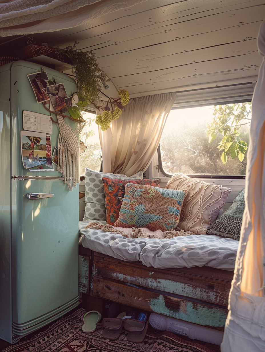 Craft a photorealistic image capturing the essence of a Boho Camper Van Interior, bathed in the golden hue of the late afternoon sun piercing through partially opened, macrame-covered windows. Position the camera at eye level, utilizing a Canon EOS R5 with a 24-70mm f/2.8L lens, set to a 50mm focal length to ensure the space feels intimate yet spacious, echoing the aesthetic of a Peter Lindbergh 2020s portrait with its natural light flow and shadow play. Highlight the rich texture of plush, patterned throw pillows scattered on a built-in, distressed wood bench that doubles as a storage unit, against the backdrop of white, shiplap walls that contrast with the dark, herringbone-patterned flooring. A vintage, teal-colored SMEG refrigerator stands in the corner, adorned with travel magnets and polaroid photos, adding a personal touch. Ensure the details like the intricate weave of the macrame, the softness of the throw blankets, and the rustic charm of the wood surfaces are in sharp focus, employing a shallow depth of field to draw attention to these elements without losing the overall balance of the composition. The image should be suffused with a sense of warmth and coziness, inviting the viewer to step into a scene that balances the freedom of road life with the comfort of home, channeling the high detail, sharp focus, and subtle film grain characteristic of high-quality 2020s visual content.