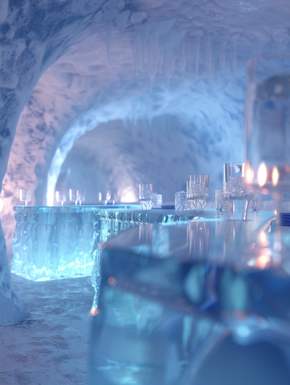 Capture a high-detail, photorealistic image of an Ice Bar's interior, meticulously inspired by the North Pole. Envision a wide-angle shot, employing a Canon EOS-1D X Mark III, paired with a 24mm f/1.4L lens, to grasp the exquisite sharp focus and depth of field. Incorporate advanced lighting techniques, combining global illumination with a subtle hint of natural light seeping through ice-wall crevices, emulating the serene, bluish glow of polar twilight. The image should exude the vibe of a contemporary 2020s luxury design magazine, with a balanced composition highlighting sleek ice sculptures doubling as bar furnishings, crystalline ice-glassware atop glacier-inspired counters, and patrons wrapped in designer thermal wear. The ambiance is enriched by the soft reflection of lights on polished ice surfaces, adding layers of texture and an almost tangible chill, punctuated by film grain to invoke the realness and tangibility of the moment.