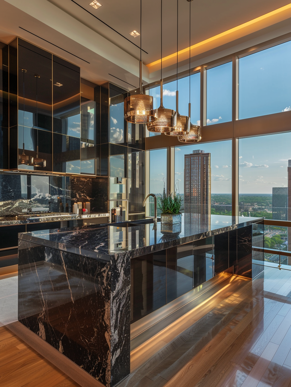 Craft a photorealistic image highlighting the elegance of a Luxe Finishes - Black Modern Kitchen. The main subject should be an expansive, gleaming black marble island, centered under strategically placed pendant lights that offer a soft, warm glow, contrasting the cool, natural daylight streaming through floor-to-ceiling windows. The camera, a Canon EOS 5D Mark IV with a 24-70mm f/2.8L lens, should capture the scene at a slight angle, emphasizing the depth of the kitchen and showcasing the high-detail textures of the marble and the matte black cabinetry. Utilize a shallow depth of field to focus sharply on the island while gently blurring the background, highlighting silver accents and the high-gloss finish of modern appliances. The image should balance the elements of light and shadow, emulating the style of a high-quality 2020s architectural magazine, with a focus on clean lines, minimalism, and the sophistication of the space. Aim for natural skin tones and use a touch of film grain to add texture and depth, ensuring the composition feels balanced, grounded, and vividly real.