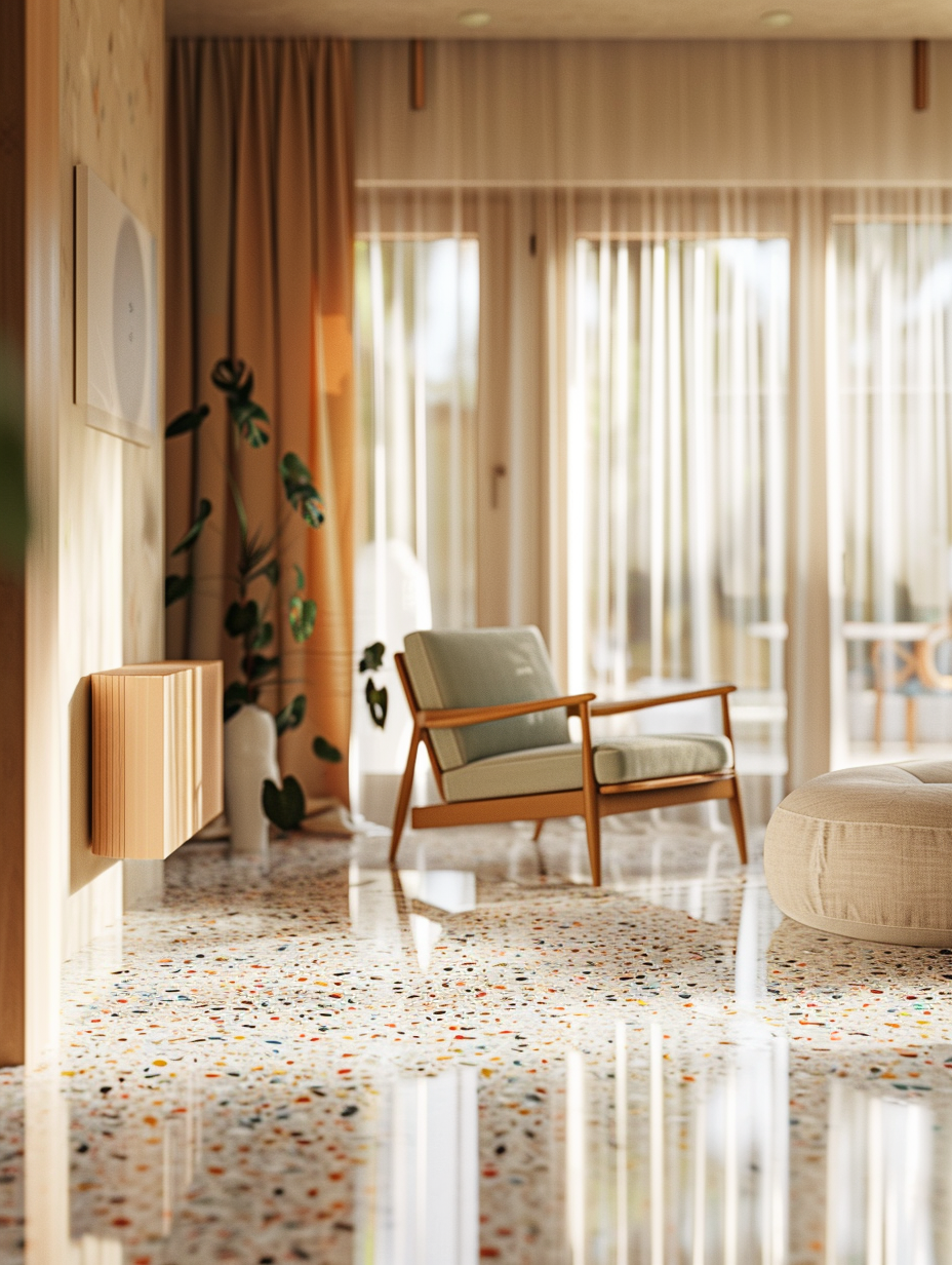 Capture a photorealistic image of a retro revival-themed interior, illuminated by the soft glow of the morning sunlight, filtering through sheer curtains. Focus on the vibrant terrazzo flooring, with its speckles of coral, mint, and ivory, evoking a nostalgic charm. The interior boasts mid-century modern furniture, the smooth curves and natural wood textures contrasting with the playful floor pattern. Incorporate a dynamic range of luminosity to highlight the intricate terrazzo details and the subtle sheen on vintage brass fixtures. The camera setup mirrors the precision of a Canon EOS R5, equipped with a 24-70mm f/2.8L lens set to f/8 for deep focus, capturing the nuanced variations in texture and color. Frame the shot to balance the composition, with one-third of the image dedicated to showcasing the high-detail environment and two-thirds capturing the airy, light-filled ambiance, emulating the clarity and depth found in contemporary architectural photography. The result should be a sharp, high-definition image with natural film grain, channeling the aesthetic of a Wes Anderson film with its symmetry and saturated colors.