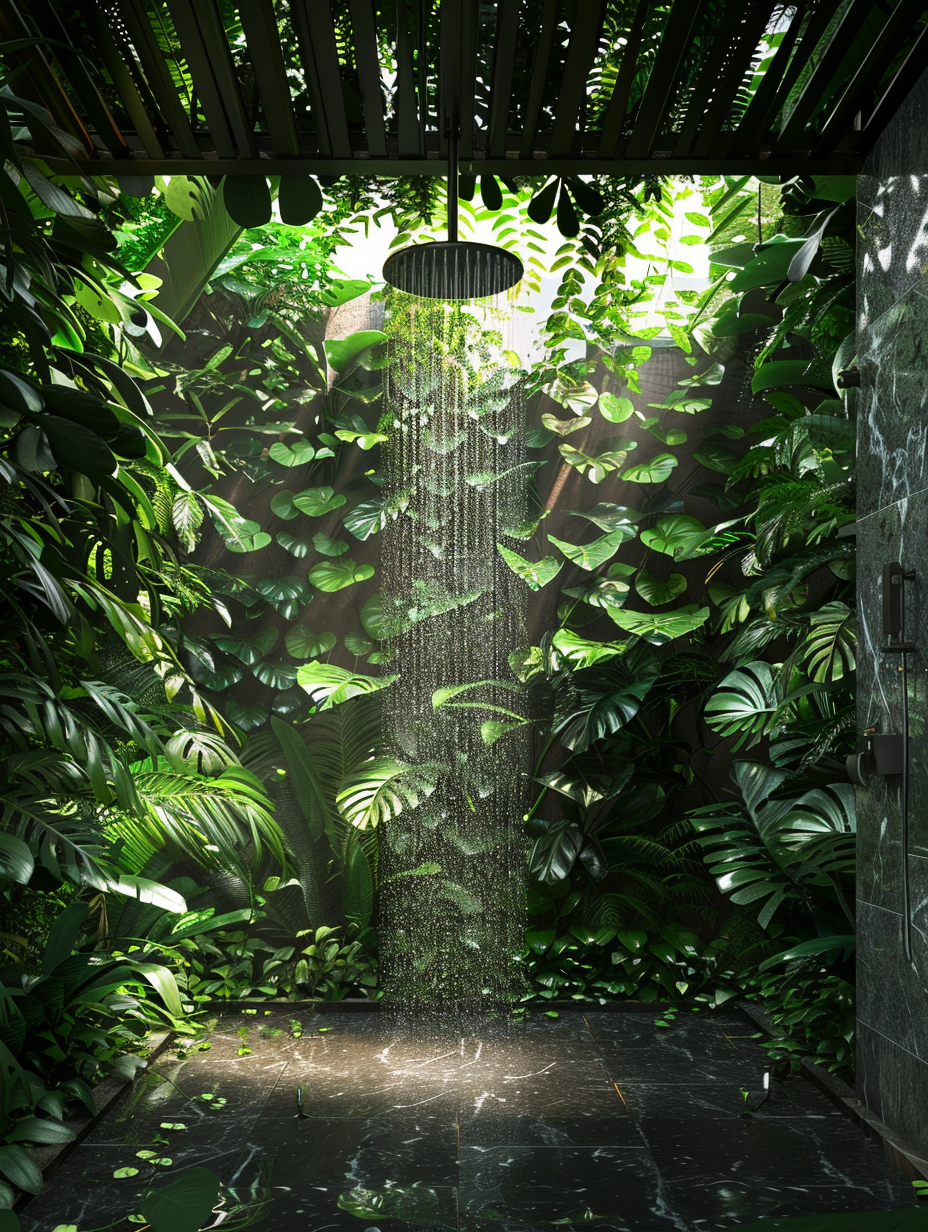 In this prompt, we're visualizing a photorealistic image of a shower room inspired by a lush jungle, capturing the essence of a high-detail 2020s visual content scene. The main subject is an open-concept shower area, where water cascades from a rainfall showerhead nestled among dense, green foliage that climbs the walls and dangles from the ceiling, emulating a natural canopy. The light filtering through the translucent ceiling casts a soft, natural illumination, highlighting the vibrant greens and the texture of wet leaves, creating a serene and immersive experience. Camera settings will aim for realism, utilizing a full-frame DSLR with a 24-70mm lens at f/2.8 for a good depth of field, ensuring sharp focus on the foreground plants and gently blurring the background for a sense of depth. Advanced lighting techniques will mimic the soft scattering of light one would expect in a jungle environment at dawn, enhancing the scene's realism. The composition balances the organic chaos of the jungle with the sleek, minimal lines of modern shower fixtures, capturing the interplay of light, shadow, and water droplets in exquisite detail, reminiscent of the vivid, texture-rich scenes captured by renowned photographers like Steve McCurry, albeit within an indoor setting. The shower floor, made of smooth, dark stone, contrasts sharply with the greenery, adding to the photorealistic depiction of a shower room where modern luxury meets the untamed beauty of the jungle.