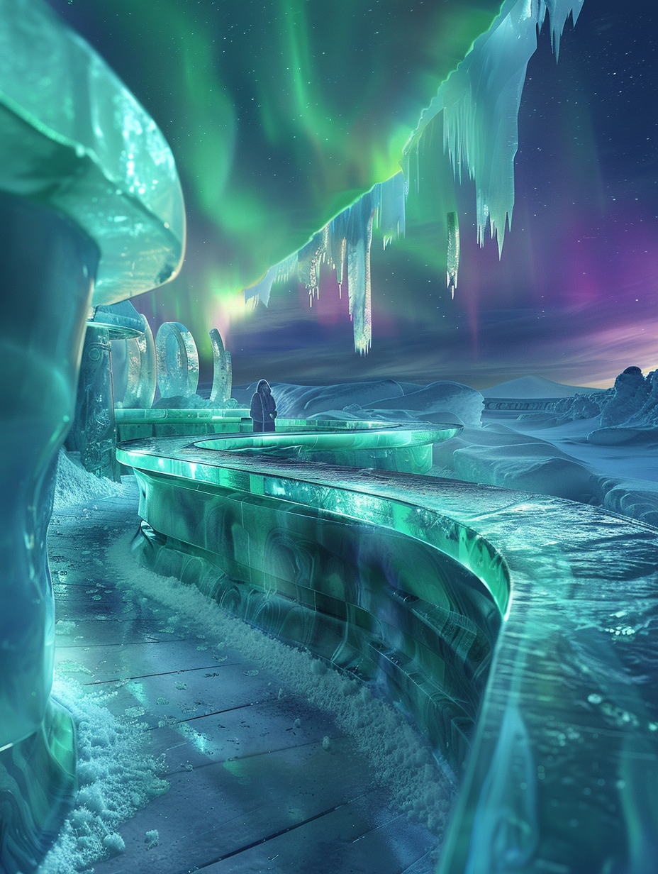 Craft a photorealistic image of an ice bar, capturing the ethereal essence of the North Pole. The main subject is an elegantly curved ice bar counter, illuminated by soft, diffuse global illumination mimicking the aurora borealis overhead, casting a subtle array of colors across the scene. High-detail textures should showcase the intricate patterns naturally found in ice, with sharp focus and an appropriate depth of field to highlight the sparkling edges and deep, clear blues within the ice sculptures serving as décor. Capture this using a DSLR camera setup, specifically a Canon EOS 5D Mark IV with a 24-70mm f/2.8L lens, settings fine-tuned to balance the dim natural light with the ambient glow from the bar, aiming for a realistic portrayal akin to the high-quality, atmospheric visual content of the 2020s. Compositionally, the image should be balanced with patrons dressed in cozy, Arctic-inspired fashion, their faces lit with the soft light reflecting off the ice, adding warmth to the cold environment. Environmental textures, like frost on the walls and the smooth, reflective floor, enhance the setting's authenticity, while the background softly blurs, drawing focus to the bar. The mood is serene, almost mystical, inviting the viewer to feel the isolated beauty of the Arctic night.