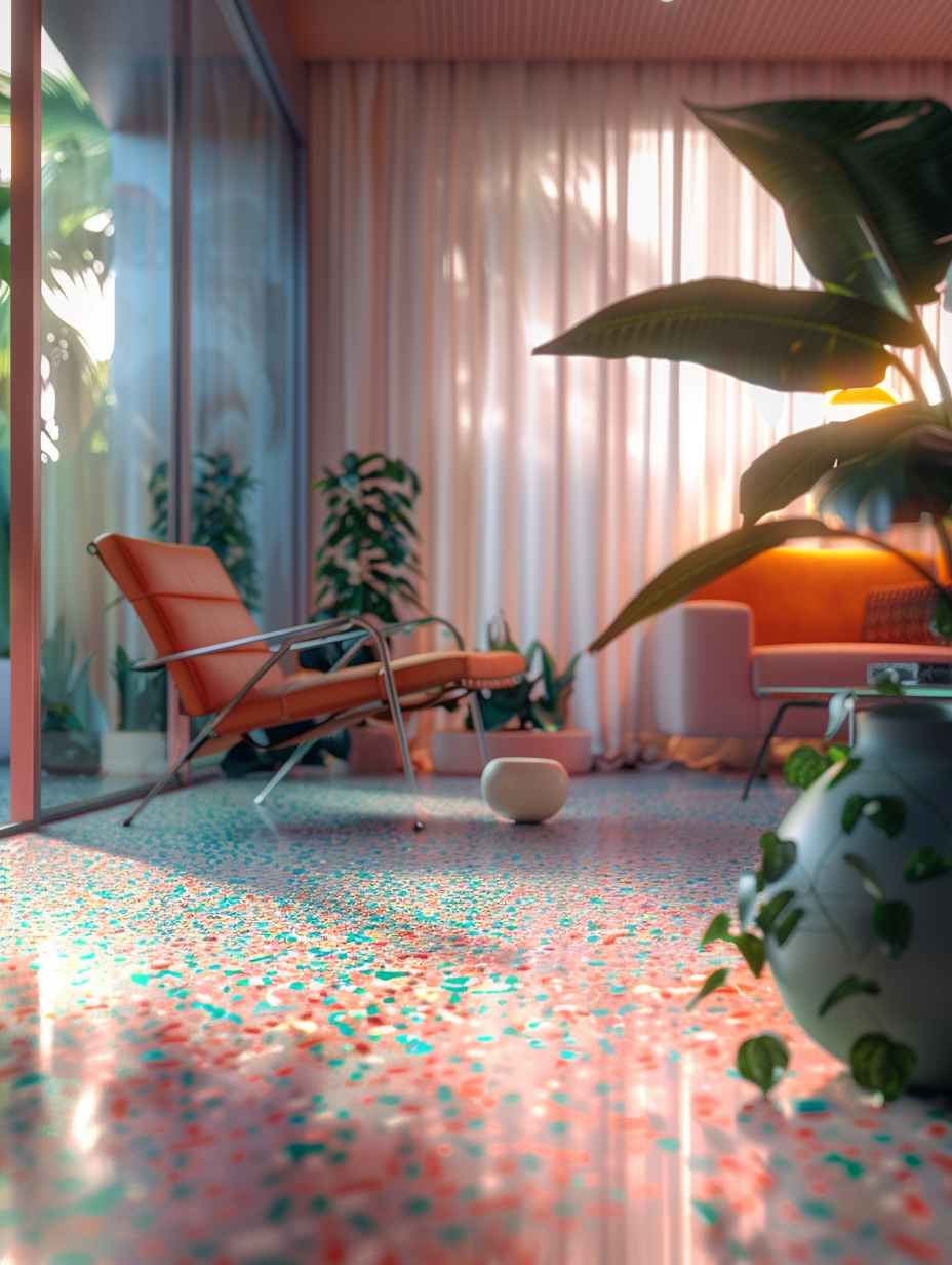 Craft a photorealistic image that captures a meticulously designed interior, celebrating a retro revival theme with terrazzo flooring as its centerpiece. The scene should be bathed in soft, natural light, filtering through sheer curtains, showcasing the vivid, speckled patterns of the terrazzo in high detail. Compositionally balanced, the image features mid-century modern furniture with clean lines and organic shapes, offset by lush indoor plants in simple, geometric pots. The camera, a Canon EOS R5 equipped with a 50mm f/1.2 lens, should aim for a depth of field that crisply highlights the terrazzo's texture while gently blurring the background, creating a bokeh effect that emphasizes the room's carefully curated decor. Lighting techniques mimic the golden hour's warm glow, providing a backdrop of rich, contrasting shadows that enhance the space's dimensionality. Pay attention to the nuances of the terrazzo's colorful flecks, ensuring they shimmer subtly under the ambient light, invoking a nostalgic yet timeless atmosphere reminiscent of high-quality 2020s visual content, akin to the work of renowned photographers like Annie Leibovitz.