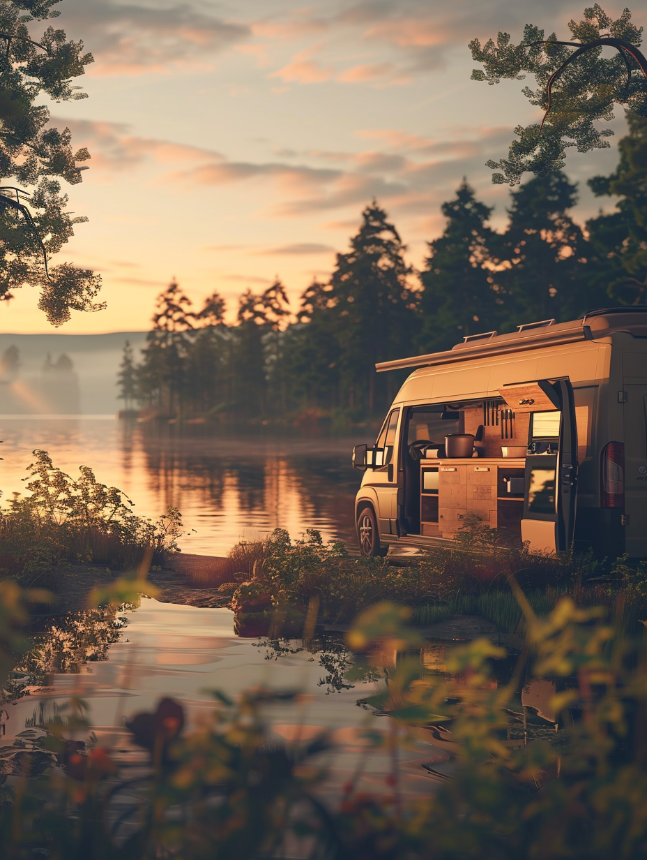 Create a photorealistic image featuring a meticulously remodeled camper van parked on a serene lakeside at golden hour, embodying the essence of modern nomadic living. The image should capture the van's sleek, minimalist interior, visible through its open back doors, which reveal a compact, fully equipped kitchen with polished wooden countertops, state-of-the-art appliances, and space-saving storage solutions. Soft, natural light filters through the open doors, highlighting the warm wood textures and casting gentle shadows that add depth and realism to the scene. Use a Canon EOS-1D X Mark III, with a 24-70mm f/2.8 lens, ensuring high detail and sharp focus that brings out the textures of the materials and the subtleties of the lighting. The composition balances the van's cozy interior with the expansive, tranquil outdoor setting, capturing the harmony between comfort and adventure. Aim for a style reminiscent of the high-quality, vibrant visuals seen in National Geographic's travelogues, focusing on the clarity of details, the play of light and shadow, and the overall mood of freedom and tranquility.