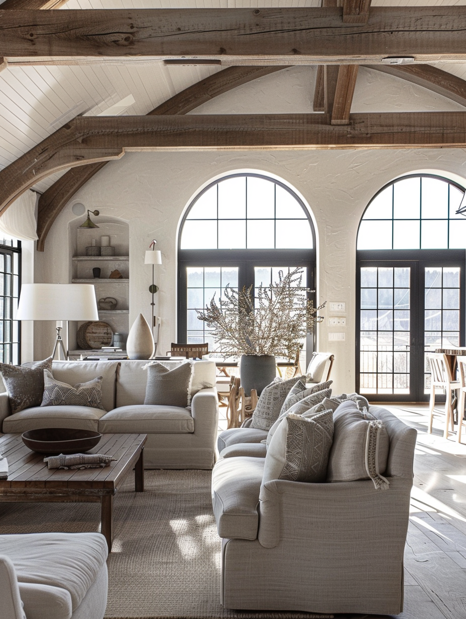 Craft a photorealistic image of a modern farmhouse interior, encompassing a spacious living room bathed in natural light from large, arched windows. The space seamlessly blends rustic charm with contemporary elegance