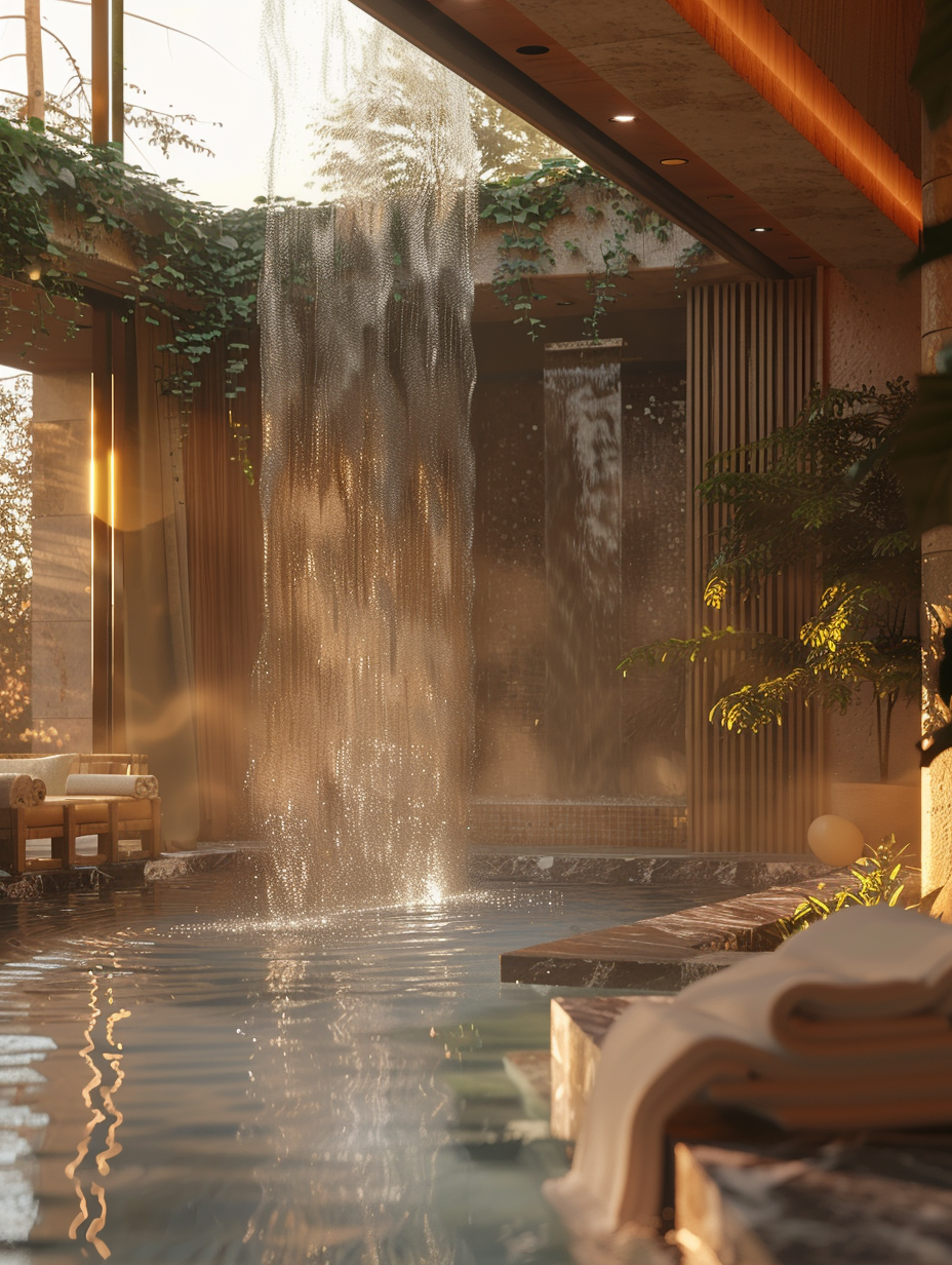 Capture a photorealistic image of a Natural Lights-inspired Luxury Hotel Room, where the design seamlessly integrates a cascading waterfall as both a central piece and a source of soft ambient light. The scene is to be shot during the golden hour, utilizing global illumination to enhance the natural light streaming through floor-to-ceiling windows, which should cast a warm, diffused glow across the room's elegantly textured surfaces. The composition, aiming for the balance and depth seen in the works of a professional photographer like Annie Leibovitz, will use a Canon EOS-1D X Mark III with a Canon EF 24mm f/1.4L II USM lens, set to f/8 for optimal depth of field and sharp detail. Ensure the image captures the intricate play of light and shadow, highlighting the luxurious textures of the linen and the natural patterns of the wood and stone used throughout. The mood is serene and inviting, with the waterfall's gentle rush providing a subtle, natural soundtrack to the visual feast.