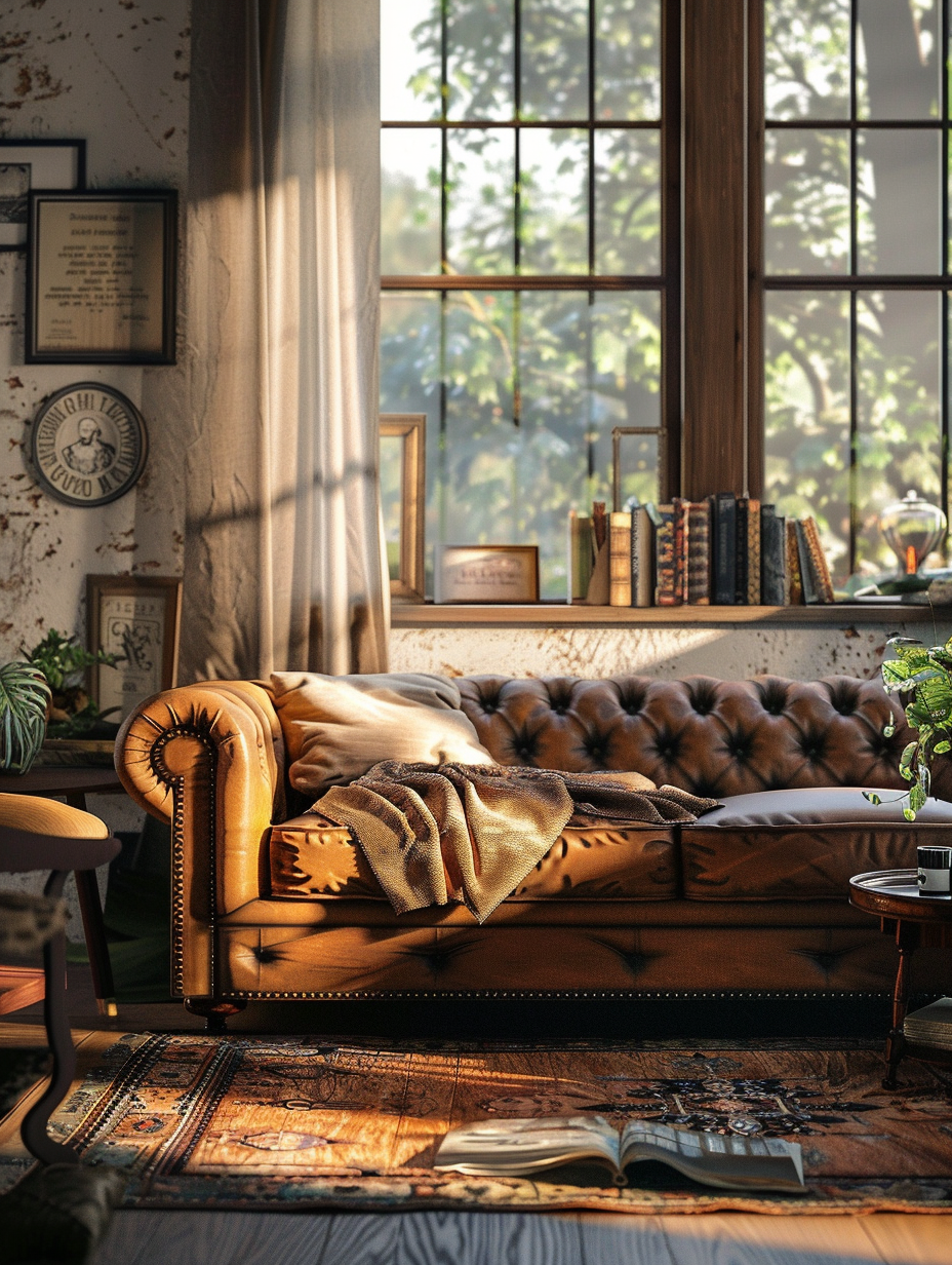 Capture a photorealistic image of a Rustic Farmhouse Living Room brimming with homely touches, inviting the viewer into a scene filled with warmth and nostalgia. The main focus is a well-worn, leather Chesterfield sofa, bathed in the golden hues of the late afternoon sun streaming through a sheer, linen-curtained window. Surrounding the sofa, the living room boasts reclaimed wood coffee tables, a vintage, Persian rug underfoot, and walls adorned with eclectic, framed farmhouse memorabilia. To achieve this high-detail, sharp focus image, use a Canon EOS R5 camera equipped with a Canon RF 50mm F1.2L USM lens, emulating the depth and clarity akin to Annie Leibovitz's portrait style. The setting sun's natural light, complemented by subtle global illumination, casts a dynamic range of shadows and highlights across the scene, enhancing textures and emphasizing the grainy quality of the wooden elements and the softness of the woolen throws draped casually over the couch. The composition balances warmth, with the richness of the room’s textures against the coolness of the fading daylight, crafting an image that feels like a paused moment from a high-end, 2020s lifestyle magazine.