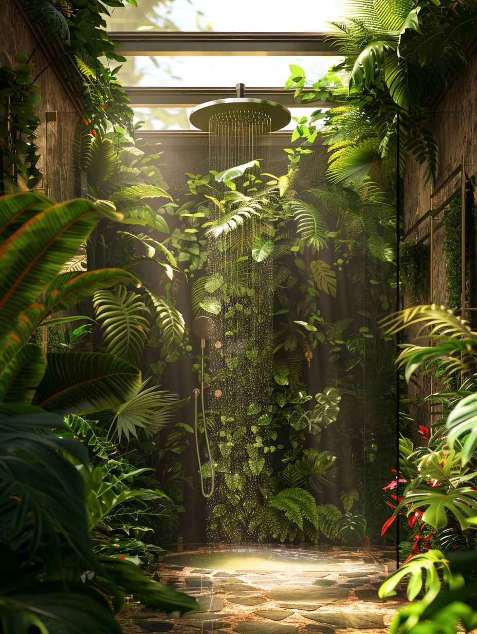 Generate a photorealistic image of a Plants - Shower Room Design inspired by the jungle, capturing the essence of a lush, vibrant rainforest. Focus on rendering the scene with high detail and sharp focus, employing a Canon EOS-1D X Mark III camera paired with an EF 24mm f/1.4L II USM lens for wide-angle, crisp imagery. Utilize natural light filtering through a skylight, enhanced with subtle global illumination to highlight the verdant greenery and textured moss-covered walls. The composition should balance the exotic, broad-leaf plants strategically placed around a waterfall shower, creating a serene yet wild ambiance. Mimic the style of high-quality 2020s visual content, emulating the chiaroscuro effect seen in works by renowned photographer Gregory Crewdson, to dramatize the play of light and shadow, adding depth. Ensure the details—like droplets of water on the leaves and the steam rising from the warm water—convey a tangible, humid atmosphere, grounding the scene in a lifelike setting.