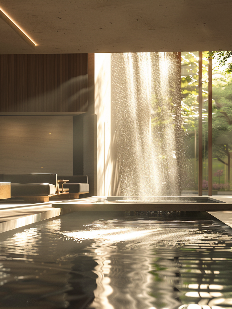 Generate a photorealistic image of a luxurious hotel room, inspired by a natural waterfall, capturing the essence of natural lighting. The room is bathed in soft, diffused sunlight streaming through large, floor-to-ceiling windows, creating a delicate interplay of light and shadow across its surfaces. This light illuminates the room's centerpiece, a remarkable indoor waterfall feature that seamlessly blends with the room's modern, minimalist design. The waterfall’s gentle cascade adds a dynamic texture to the scene, reflecting light onto the sleek, understated furniture that is arranged thoughtfully around the room, promoting a sense of serene spaciousness. The high-detail image should employ global illumination techniques to ensure a realistic rendering of the light's interaction with the room, emphasizing the water's translucency and the natural textures of the room's materials, such as wood grain and stone. Use a camera setting akin to a Canon EOS R5, with a 24-70mm f/2.8 lens, to ensure sharp focus and a balanced composition, capturing the essence of 2020s high-quality visual content. The mood of the image is tranquil and inviting, with the color palette and material choices evoking a sense of luxury that is both elegant and understated.