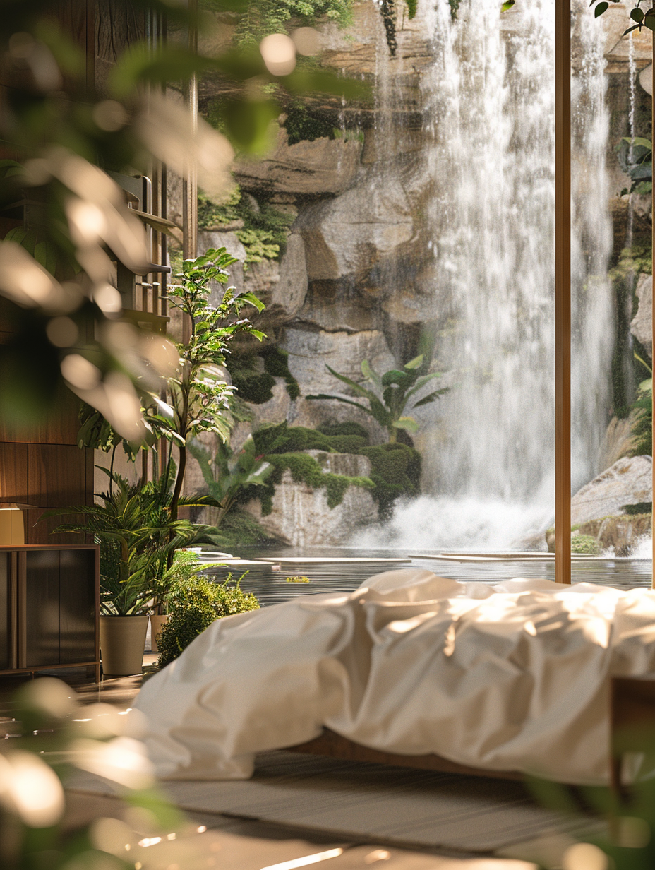 Generate a photorealistic image of a luxurious hotel room inspired by natural waterfalls, capturing the essence of 2020s high-quality visual content. The room features a king-sized bed with plush, white linen, set against a floor-to-ceiling window with a breathtaking view of a cascading waterfall. Natural light floods the room, enhancing the textures of the stone and wood elements that mimic the serene outdoor landscape. The camera, a Canon EOS R5 with a 24mm f/1.4L lens, focuses sharply on the contrast between the soft bedding and the rugged beauty of the waterfall, achieving a perfect balance of detail and depth. The image emulates the style of renowned photographer Ansel Adams, with a modern twist, using advanced lighting techniques like global illumination to ensure the play of light and shadow across the surfaces is captured realistically. High detail and film grain add texture, making the scene come alive as if it were a snapshot from real life.