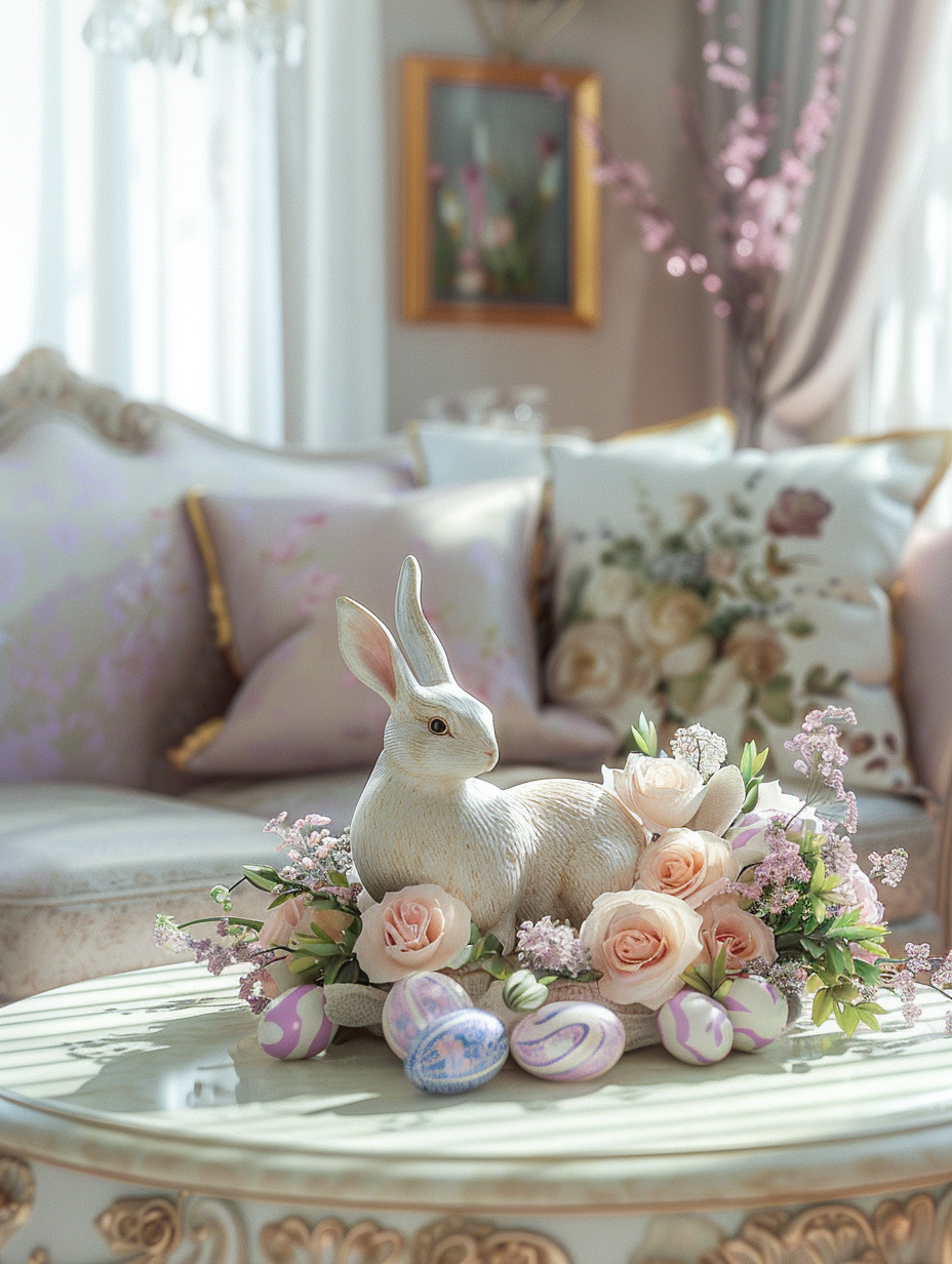 Create a photorealistic image capturing an Easter-themed interior, inspired by the luminous, detailed visual storytelling akin to Annie Leibovitz's portrait work. Focus on a cozy living room bathed in the soft, golden light of a late afternoon, filtering through sheer curtains, showcasing global illumination effects. The room should feature a pastel color palette, with hints of spring—lavender, soft pink, and baby blue. Central to the composition is an elegantly set coffee table, adorned with an elaborate Easter centerpiece: a delicate porcelain bunny surrounded by a wreath of fresh spring flowers and intricately painted Easter eggs. High-detail elements like the gentle texture of the rabbit's surface, the softness of flower petals, and the subtle sheen on the eggs are crucial, as is the nuanced play of light and shadow across these objects. The scene, captured through a Canon EOS R5 with a 50mm f/1.2L USM lens, should leverage a shallow depth of field for a sharp focus on the centerpiece, while softly blurring the background elements like a plush, inviting sofa and a wall adorned with tasteful, Easter-themed art. The mood is serene and inviting, evoking a sense of warmth and family tradition. Aim for a balance composition, where each detail contributes to the story of a joyful, elegant Easter celebration.