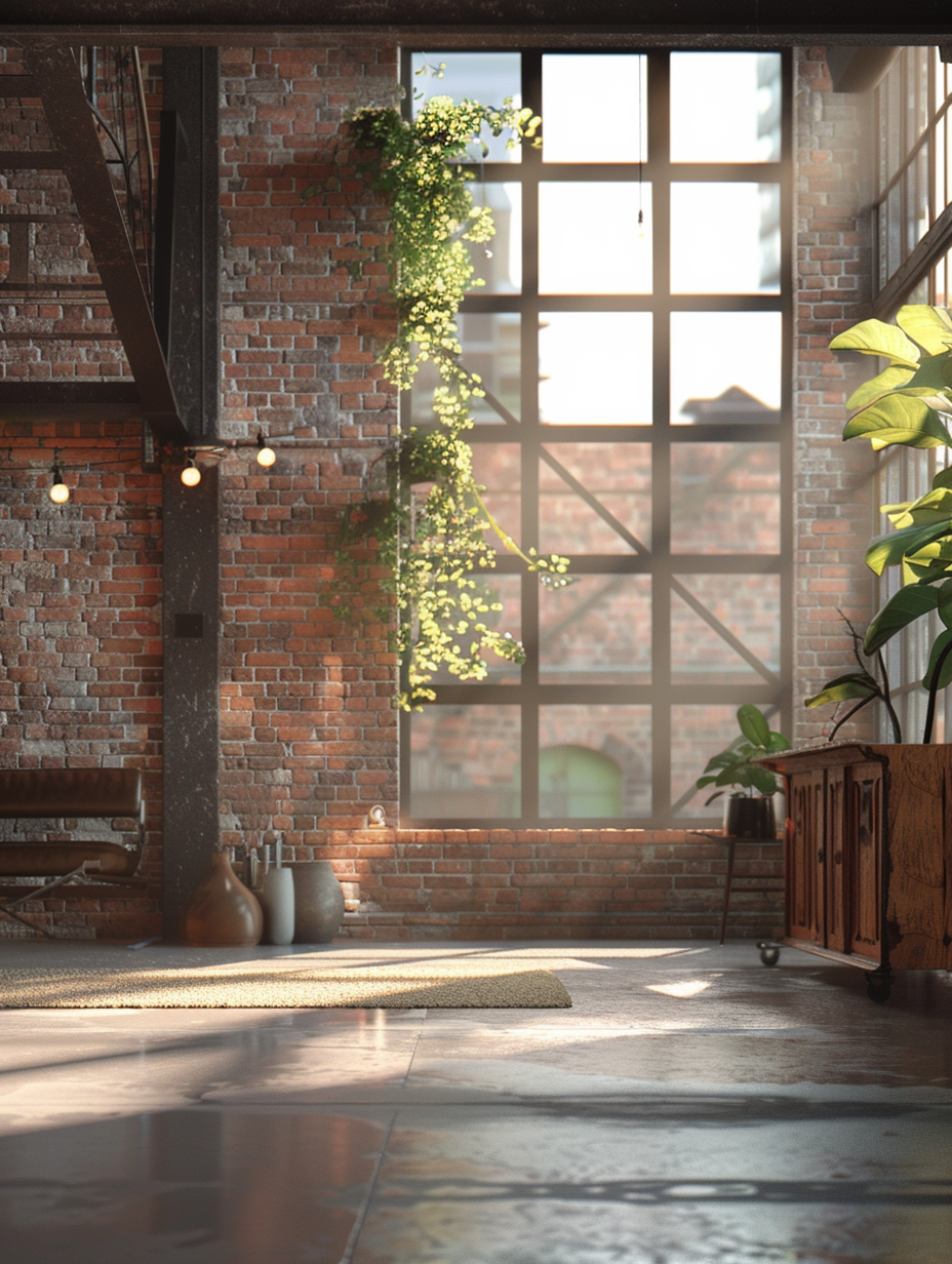 Capture a photorealistic image of a metropolitan chic urban loft interior, embodying a fusion of industrial grace and contemporary elegance. The main subject is the expansive living area, where natural light cascades through large, steel-framed windows, creating dynamic plays of light and shadow across polished concrete floors and exposed brick walls. Position the camera at eye level, utilizing a Canon EOS R5 with a 24-70mm f/2.8 lens to ensure high detail and sharp focus, mimicking the style of a Peter Lindbergh urban portrait. The composition must balance the raw textures of the materials with the softness of modern furnishings, capturing the essence of a 2020s high-quality editorial shoot. Highlight global illumination reflecting off metallic surfaces and the intricate details of mid-century modern furniture, creating a scene that feels grounded yet ethereally lit, as if captured during the golden hour.