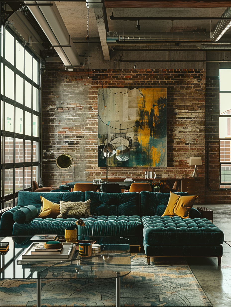 Capture a photorealistic image of a metropolitan chic, urban loft interior, reminiscent of a scene shot by Annie Leibovitz, focusing on a spacious living area bathed in natural light from floor-to-ceiling windows. The loft boasts high ceilings, exposed brick walls, and polished concrete floors. Furnishings include a plush, velvet sectional sofa in a deep teal, accented with mustard yellow throw pillows, a mid-century modern glass coffee table, and an abstract large-scale art piece dominating one wall. The lighting is a mix of global illumination from the natural light and warm, ambient LED track lighting, creating a cozy yet sophisticated atmosphere. The camera settings should emulate a Canon EOS 5D Mark IV with a 24-70mm f/2.8 lens, ensuring high detail, sharp focus, and appropriate depth of field to highlight textures such as the brick's roughness and the velvet's smooth sheen. Compositionally, the image should be balanced, capturing the essence of urban living with a touch of elegance and high-quality 2020s visual content standards.