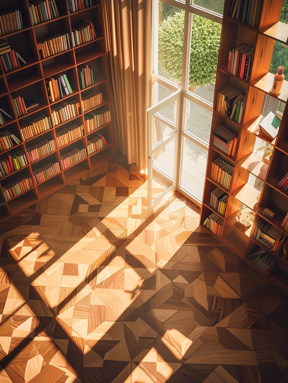 geometric wood patterns on the floor that reflect the soft, natural light seeping through large, square windows. Each element, from the sharp focus on the intricate, blocky bookshelf filled with colorful book spines to the subtle film grain that adds a layer of depth and realism, is meticulously balanced to evoke a sense of cozy immersion. The high detail and careful composition draw inspiration from the evocative, atmospheric indoor photography of Petra Collins, creating a scene that’s both nostalgically digital and comfortably real.