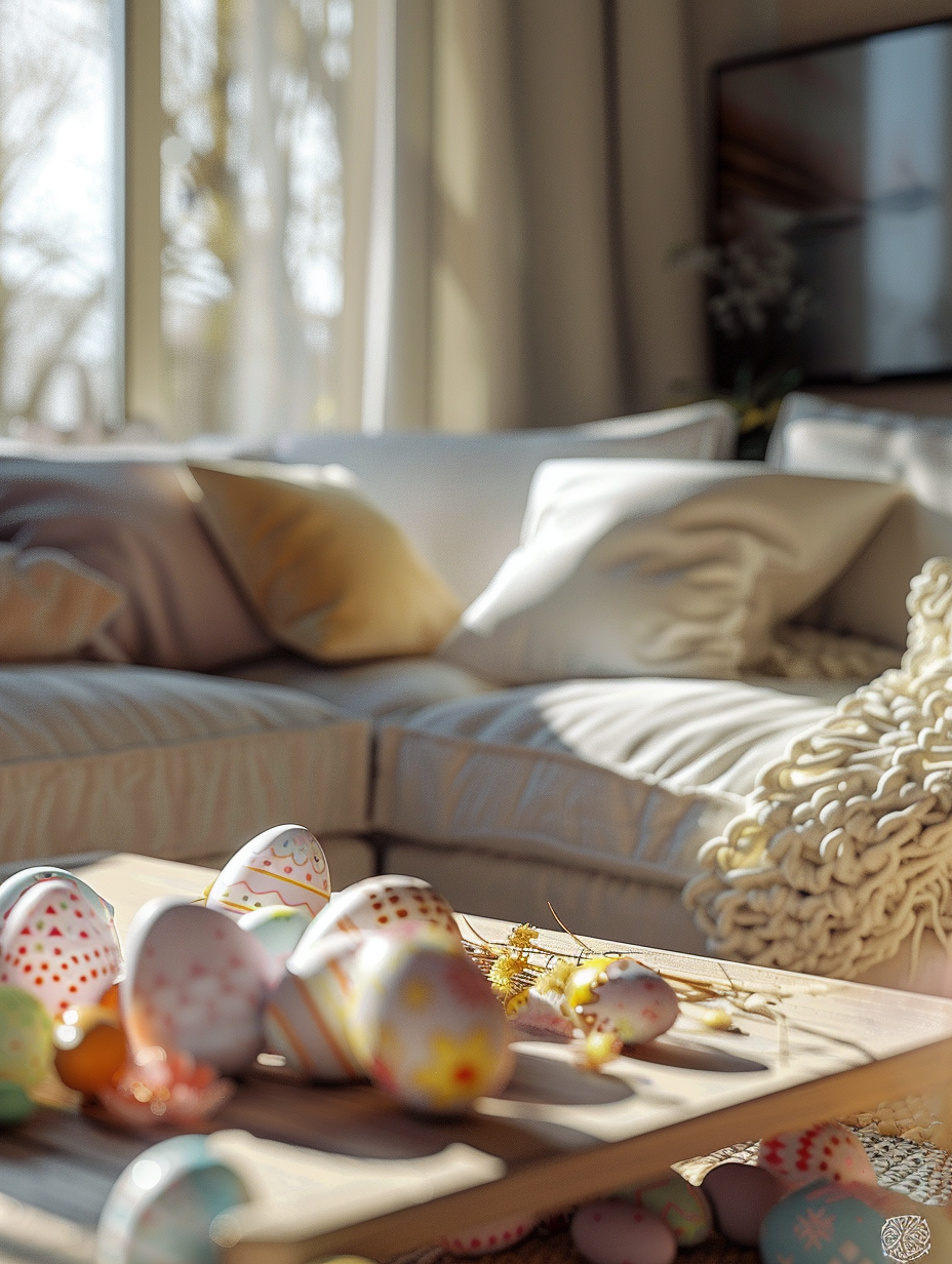 Capture a photorealistic image of a cozy, festive Easter-themed living room just as golden hour sunlight filters in, mimicking the styles seen in esteemed 2020s home decor magazines. The scene is set with a high detail, sharp focus Canon EOS R5, using a 50mm f/1.2L USM lens, ensuring a shallow depth of field that beautifully blurs the background while emphasizing the intricate patterns of pastel-colored Easter eggs scattered across a rustic wooden coffee table. Global illumination should highlight the delicate textures of soft, fluffy throw pillows and a hand-woven, cream-colored wool rug, contrasting with the glossy sheen of painted eggs. The composition balances natural light streaming through sheer curtains, casting soft shadows and creating a warm, inviting atmosphere. Incorporate subtle film grain to add texture and depth, enhancing the photorealistic quality of the scene. The mood is serene and joyful, capturing the essence of Easter with a modern, tasteful touch.