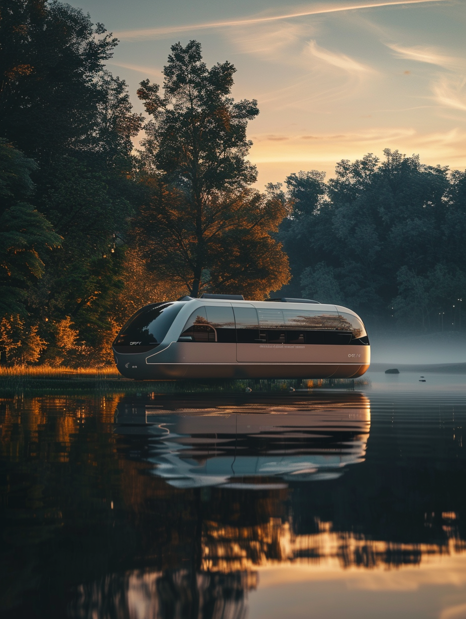 Capture a highly detailed, photorealistic image of a futuristic camper van parked by a serene lake at dawn, utilizing the soft, golden light of the golden hour. The camper van should boast sleek, aerodynamic lines, a reflective, metallic surface that mirrors the surrounding nature, and embedded solar panels. Employ a Sony A7R IV camera with a 24-70mm f/2.8 lens, set to capture the high dynamic range of the scene. The image composition should balance the van on the left, with the calm lake and rising sun on the right, creating a harmonious blend of technology and nature. Emphasize textures such as the camper’s smooth finish and the natural roughness of the lakeside terrain, employing global illumination and natural light techniques to highlight the van’s innovative features and the pristine environment. Aim for the clarity, depth, and vividness characteristic of a Peter McKinnon landscape shot, with a slight film grain effect to add realism.