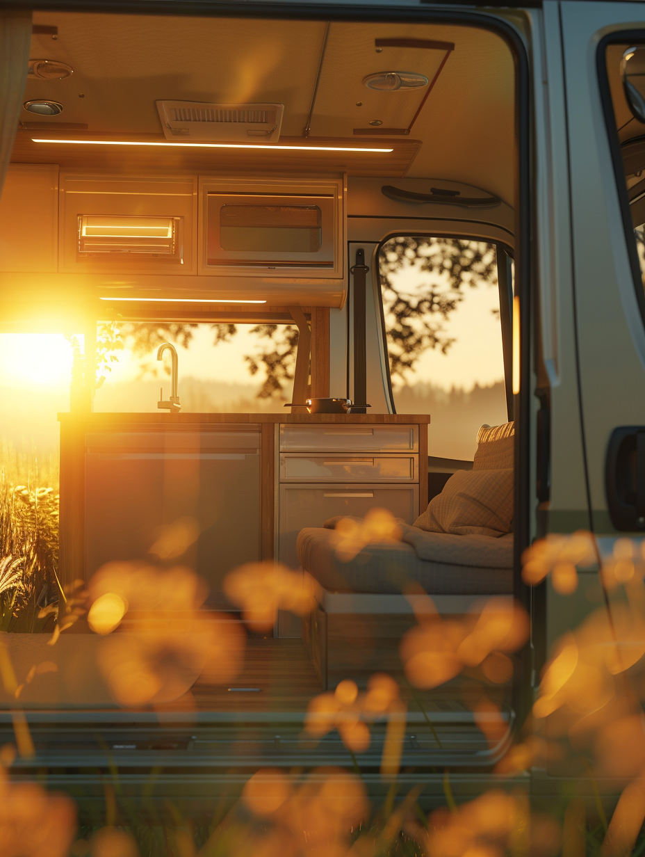 Craft a photorealistic image of a state-of-the-art camper van remodel, capturing the essence of modern nomadic living. The scene unfolds under the golden hour's soft, diffused light, showcasing the van's sleek, minimalist interior. Focus on a wide-angle view (24mm lens, aperture f/2.8 for depth and sharp detail) to encapsulate the clever use of space. High detail is paramount, from the texture of brushed aluminum kitchenette to the warmth of wood paneling, and contrast this with the softness of linen upholstery. Incorporate global illumination to mimic natural light streaming through open windows, casting a gentle glow and creating a cozy, inviting atmosphere. The composition balances the van against a backdrop of a serene, natural landscape, blending the lines between indoor comfort and the allure of the outdoors. Ensure the image resonates with the style and clarity of a Peter McKinnon photograph, with sharp focus, rich colors, and a touch of film grain to add texture and realism.