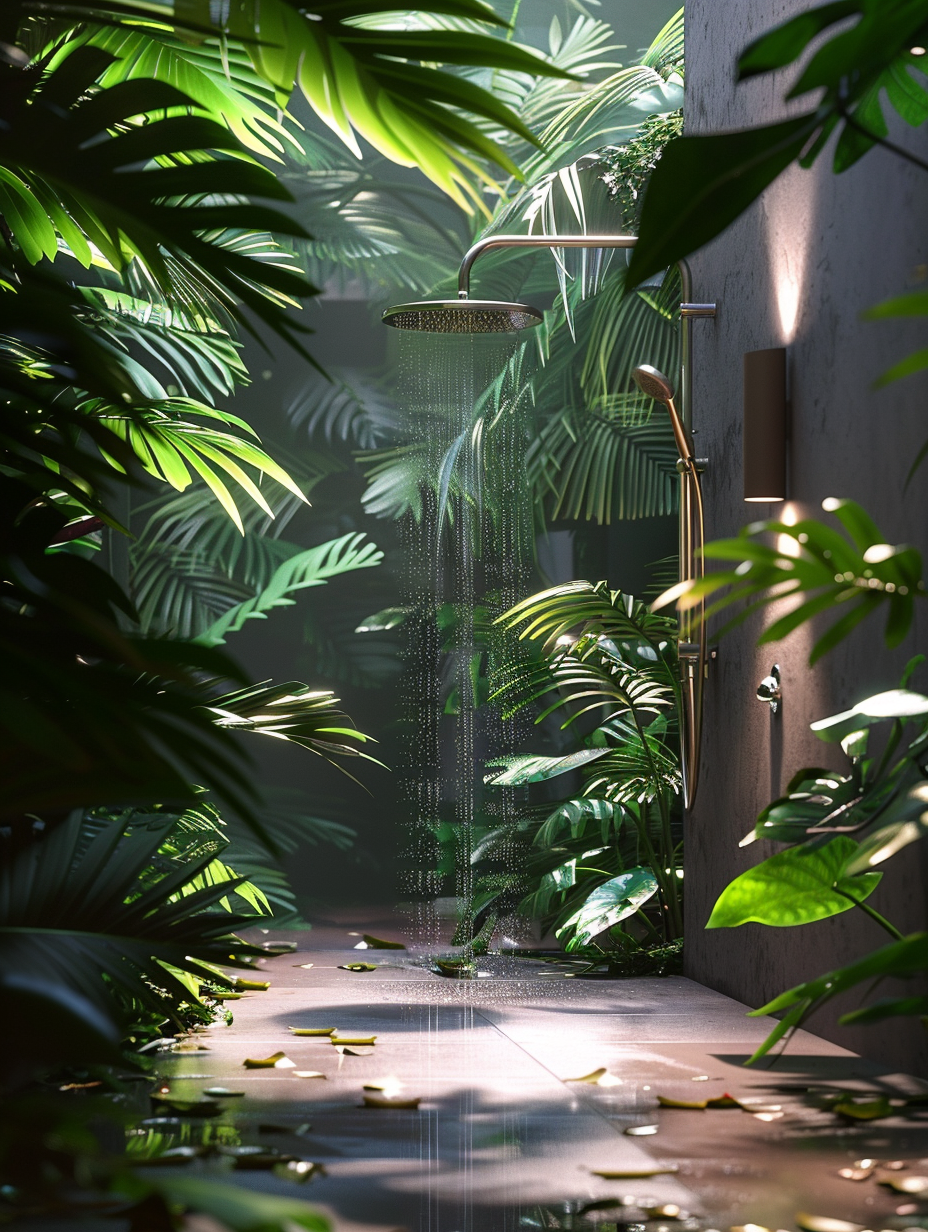 Generate a photorealistic image that captures a meticulously designed Plants - Shower Room, inspired by the lush, dense jungle. The primary focus is on a spacious, open-plan shower area, where polished concrete floors glisten under the subtle, warm glow of integrated LED lighting, mimicking soft, natural sunlight. Surround the space with a variety of tropical plants, from towering monstera to delicate ferns, arranged in a balanced composition that brings the jungle inside. The camera setup should emulate a Canon EOS R5 with a 24-70mm f/2.8 lens, ensuring high detail and sharp focus throughout the scene, with a slight emphasis on the texture of wet leaves and droplets of water on the surfaces. Employ advanced lighting techniques, especially global illumination and careful positioning of natural light sources, to create a lively interplay of light and shadow, enhancing the realistic feel. The style aims to reflect the high-quality, evocative visual content of the 2020s, akin to the human-centric, nature-inspired pieces by renowned photographers like Steve McCurry, but within an indoor setting. Maintain a coherent composition that balances the lushness of the greenery with the modern, minimalist elements of the shower design, ensuring every detail from the organic texture of the plants to the sleek, reflective surfaces contributes to a believable, immersive jungle-inspired sanctuary.