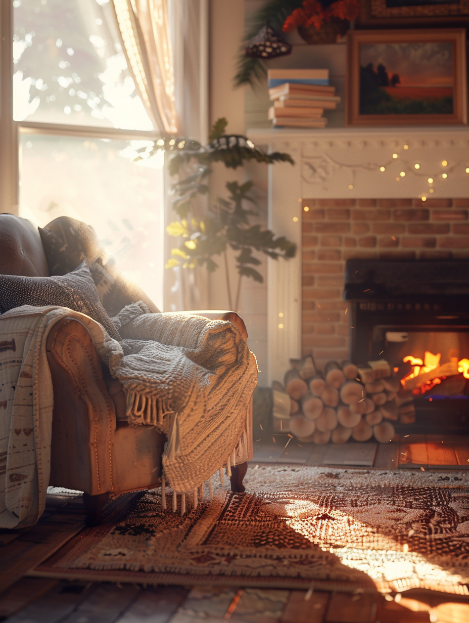 Craft a photorealistic image capturing the essence of a cozy, rustic farmhouse living room bathed in the golden hour's soft, warm glow, creating a serene ambiance. The scene is meticulously composed within a 50mm prime lens perspective, ensuring sharp focus and high detail across textures like weathered wood, soft, worn fabrics, and the intricate patterns of a handmade quilt draped over a vintage armchair. Global illumination highlights the dusty particles in the air, showcasing the natural light streaming through sheer linen curtains and casting gentle shadows that accentuate the room's depth and character. Reference the cinematic warmth and authenticity of a Terrence Malick scene, blending nostalgia with the crisp detail of 2020s high-definition visual content. The focal point is the harmony of natural materials and heirloom decorations, with a gently crackling fireplace in the background adding to the mood. The composition's balance is achieved through the thoughtful arrangement of furniture, decorative elements, and the strategic use of space, inviting the viewer to feel the comforting embrace of this homely space.