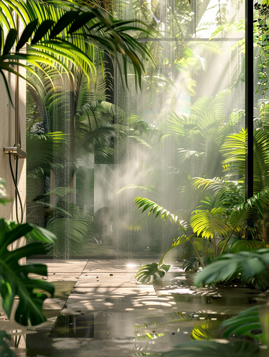 Capture a photorealistic image of a lush, jungle-inspired shower room, where the main subject is the harmonious blend of tropical plants with modern bathroom design. Utilize a Canon EOS-1D X Mark III, with a 24-70mm f/2.8L lens, ensuring sharp focus and high detail across the entire composition. Employ natural light filtering through frosted glass windows, creating soft, dappled lighting effects on glossy, deep green monstera leaves and the subtle texture of ferns. The light should enhance the natural stone tiles' texture, showcasing their intricate details and rich, earthy colors, balancing the composition with a sense of serene, organic luxury. Reference the style and photographic clarity present in Annie Leibovitz's Vanity Fair shoots, with a specific focus on achieving a cinematic depth of field and a balanced interplay of light and shadow, highlighting the moisture droplets on the plant leaves and the steam rising gently in the air, adding a tactile quality to the image that evokes the humidity of a real jungle.