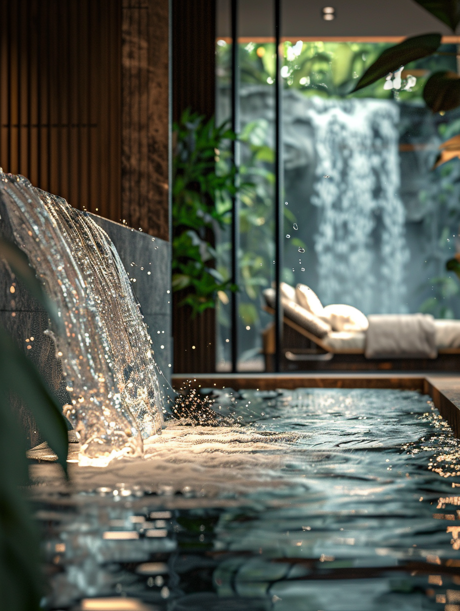 Imagine a luxury hotel room, inspired by the serene beauty of waterfalls. The main subject is the harmonious integration of natural lights and water elements within a sophisticated interior design. Capture this scene using a Canon EOS R5 camera, equipped with a RF 28-70mm f/2L USM lens, ensuring a wide aperture to beautifully blend sharp focus on the room's rich textures—like the silk bed linens and polished marble floors—with a soft, bokeh background that subtly drops off to highlight the cascading water feature mimicking a gentle waterfall along the room's far wall. The photograph should employ advanced lighting techniques, taking advantage of global illumination and meticulously placed natural light sources to cast a lifelike glow across the space, reflecting off the water and creating dynamic shadows. This setting is meticulously composed to balance the luxurious amenities with the natural inspiration, aiming for a style reminiscent of high-quality 2020s architectural digest features, evoking a sense of serene, understated elegance. Focus on achieving high detail, ensuring textures like the grain of the wood furniture and the slight imperfections in the stone are visible, adding depth and realism. The overall mood is calm and inviting, with a palette that complements the natural theme, accentuated by the strategic use of natural light to illuminate the scene vividly yet softly.